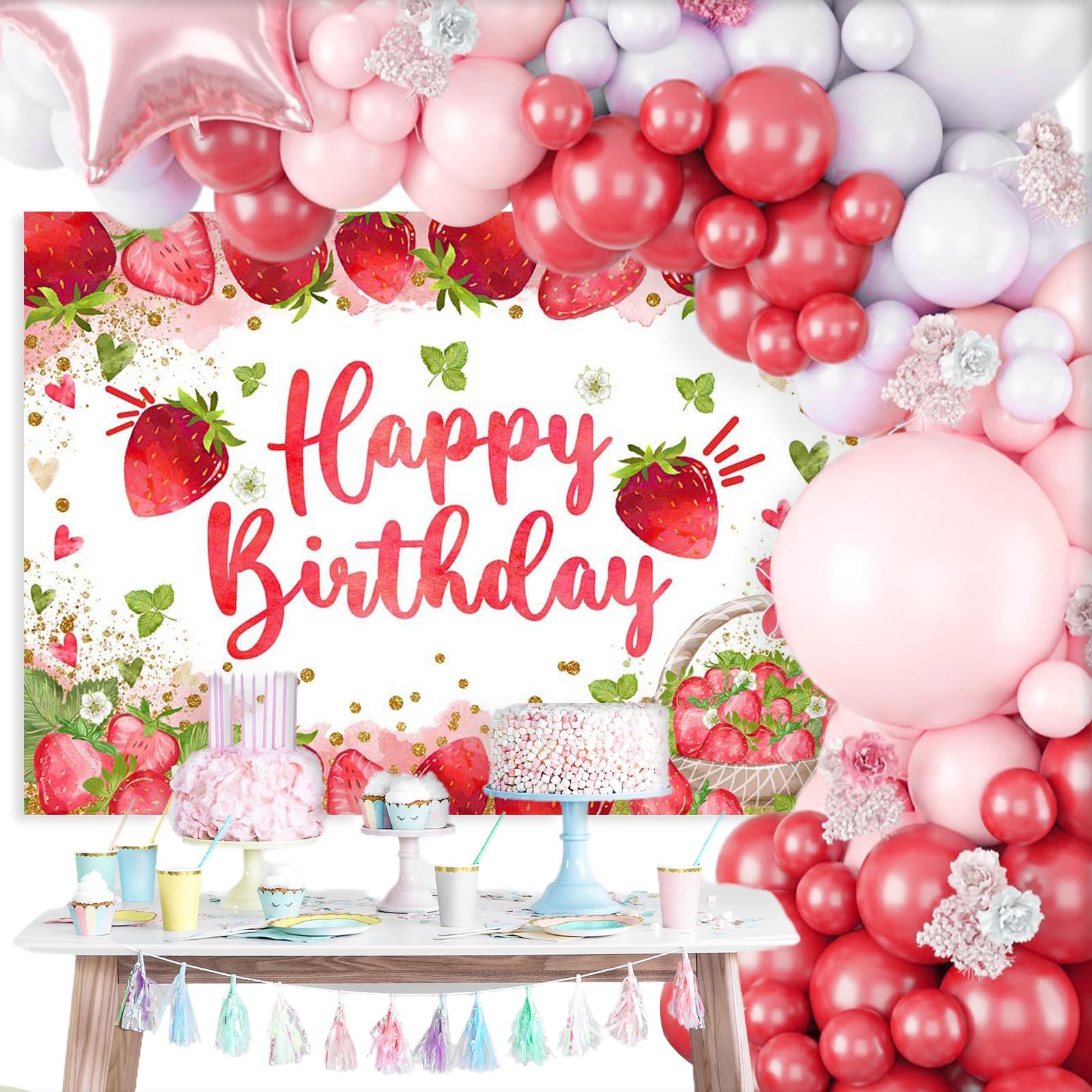 Strawberry Birthday Backdrop 7×5 ft Happy Birthday Girl Party Photo Banner
