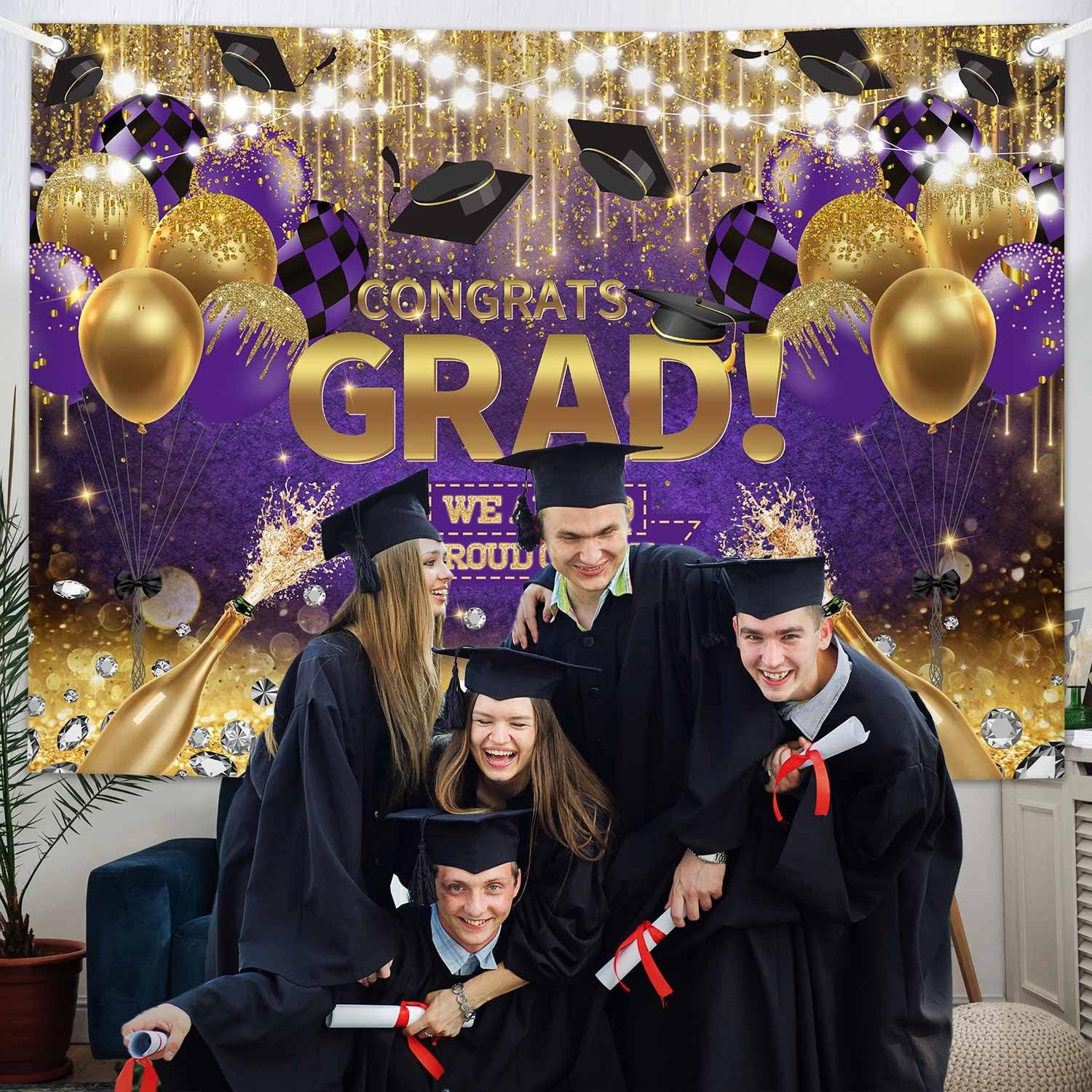 7x5ft Congrats Grad Backdrop Purple Gold Glitter Diamond Graduation Photography