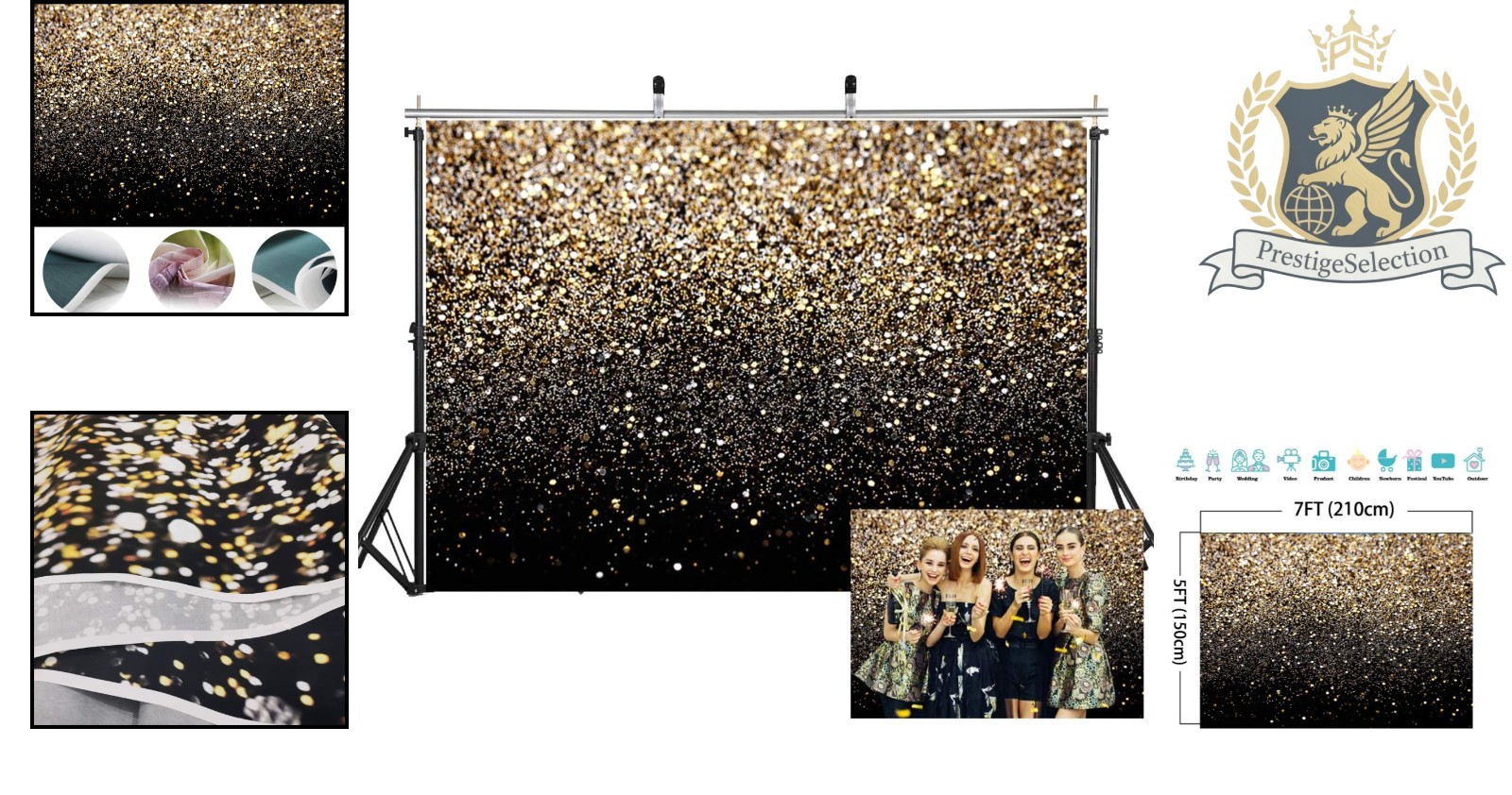 Versatile 7x5ft Black and Gold Sprinkle Backdrop – Perfect for Any Celebration