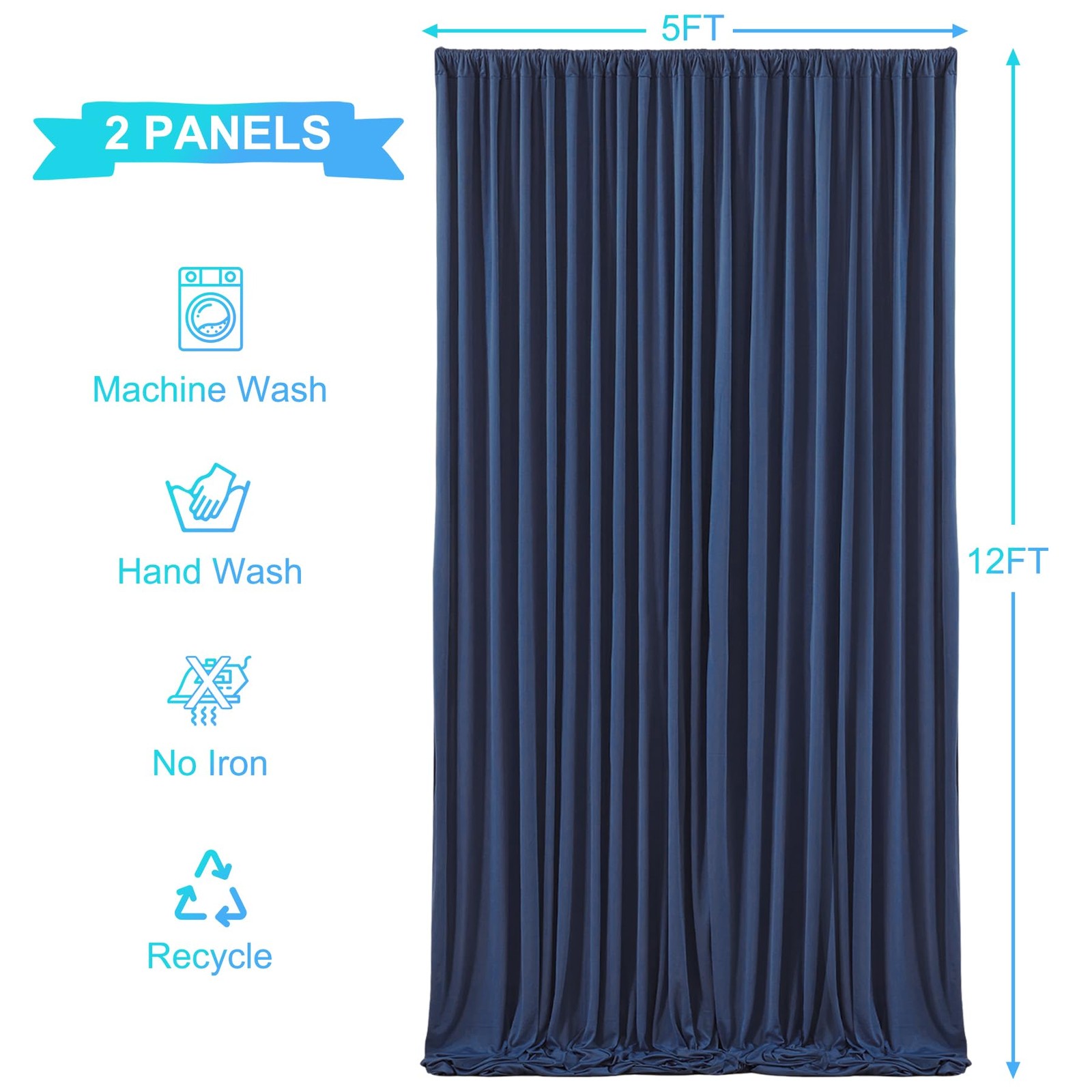 2 Panels 5ft x 12ft Navy Blue Backdrop Curtains, 10x12FT Total, Wrinkle Free