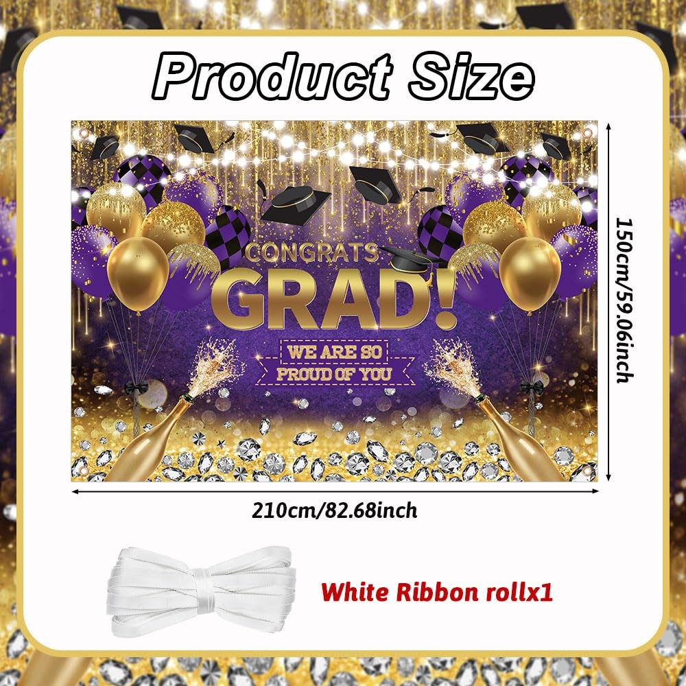 7x5ft Congrats Grad Backdrop Purple Gold Glitter Diamond Graduation Photography