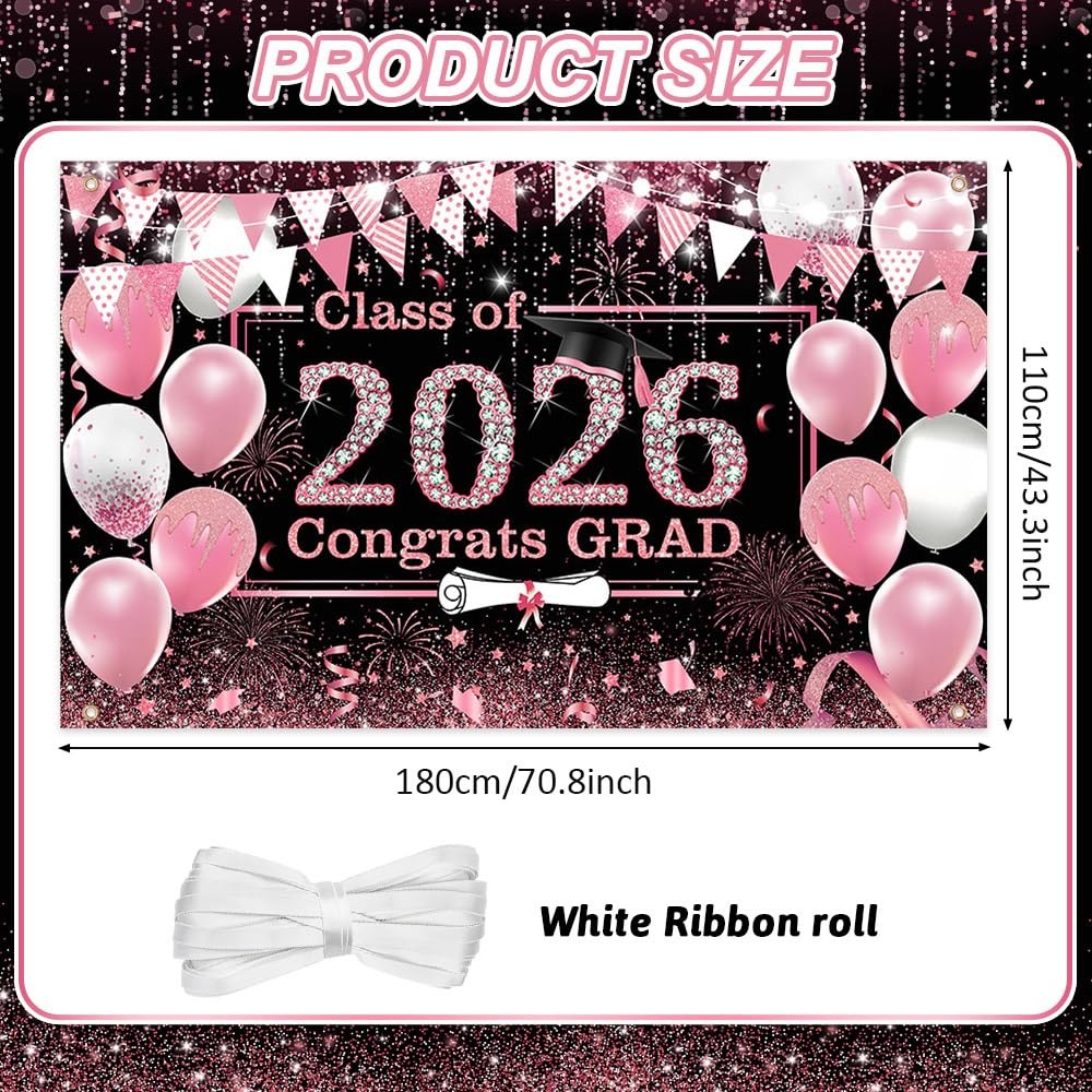 Pink Graduation Backdrop Decorations 2026 Pink Graduation Bnner Class of 2026…