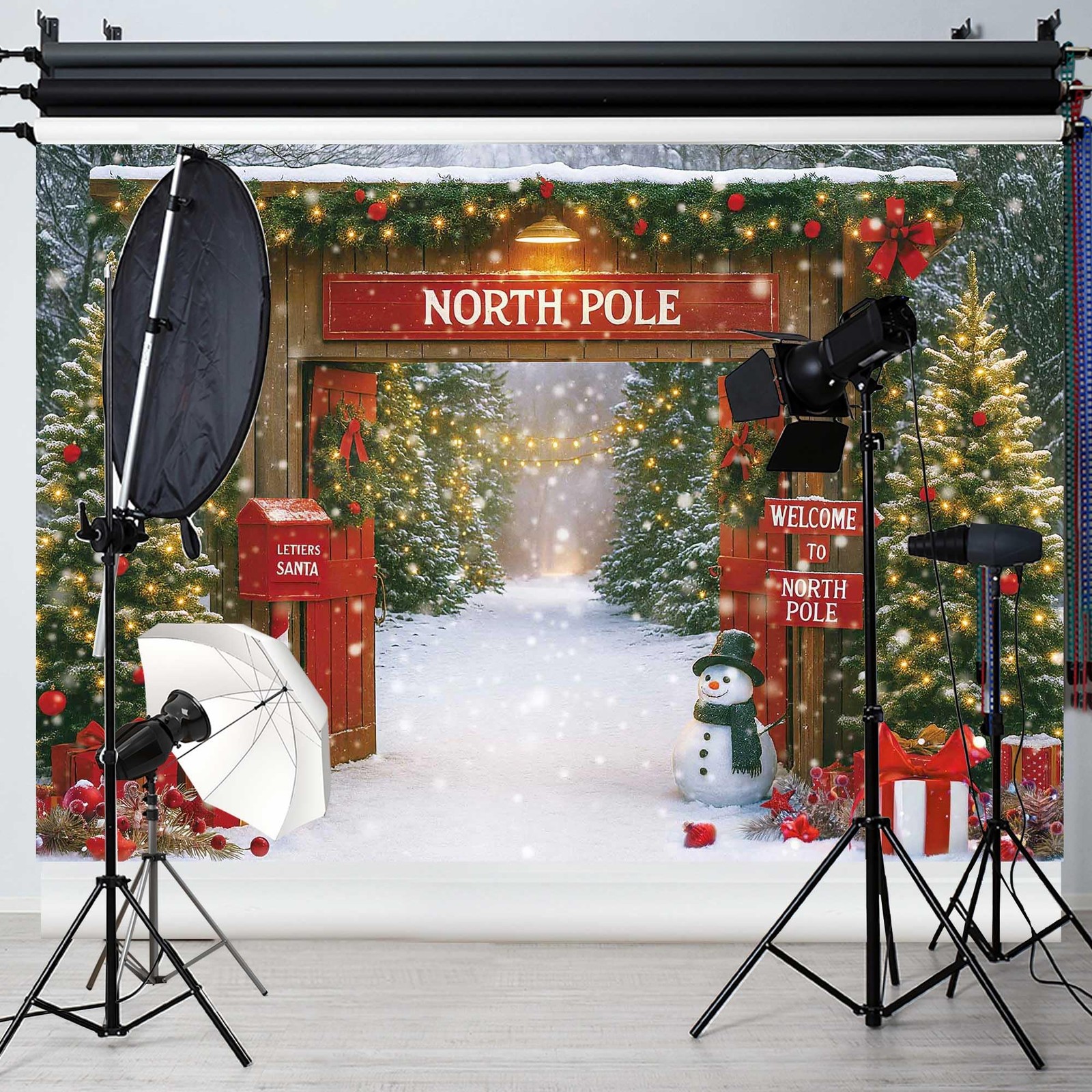 7x5ft Christmas Backdrop, Rustic Snowy Forest, Barn Door, Xmas Tree, Fabric Prop