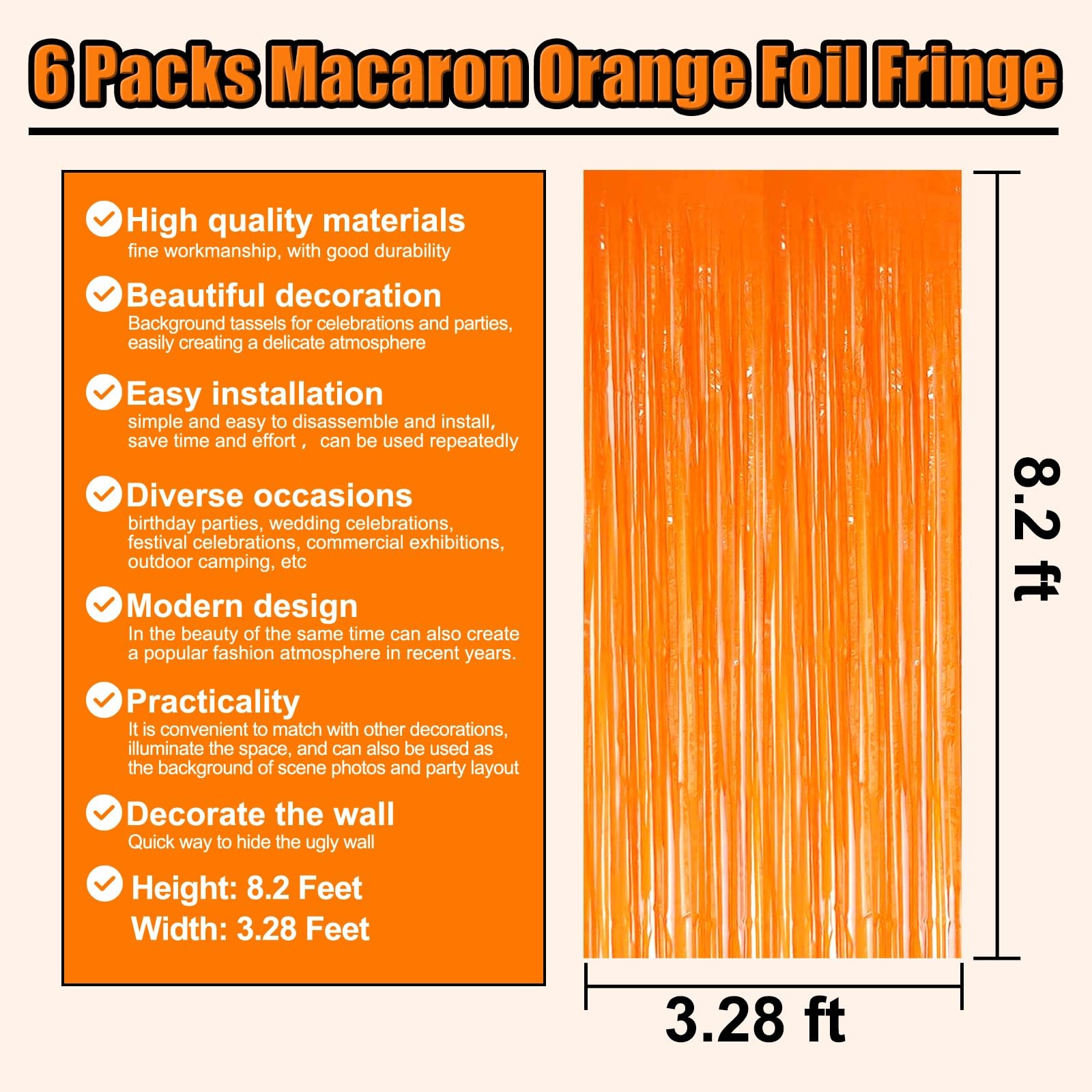 Orange Macaron Foil Fringe Tinsel Backdrop Party Curtains 3.28×8.2 Ft 6 PCS