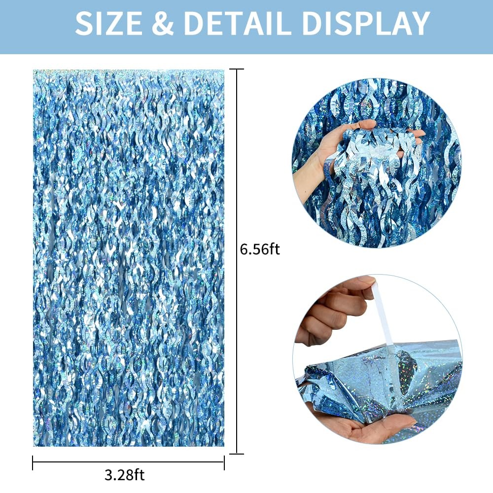 3 PCS Light Blue Wavy Metallic Tinsel Foil Fringe Curtains 9.9×6.6 FT