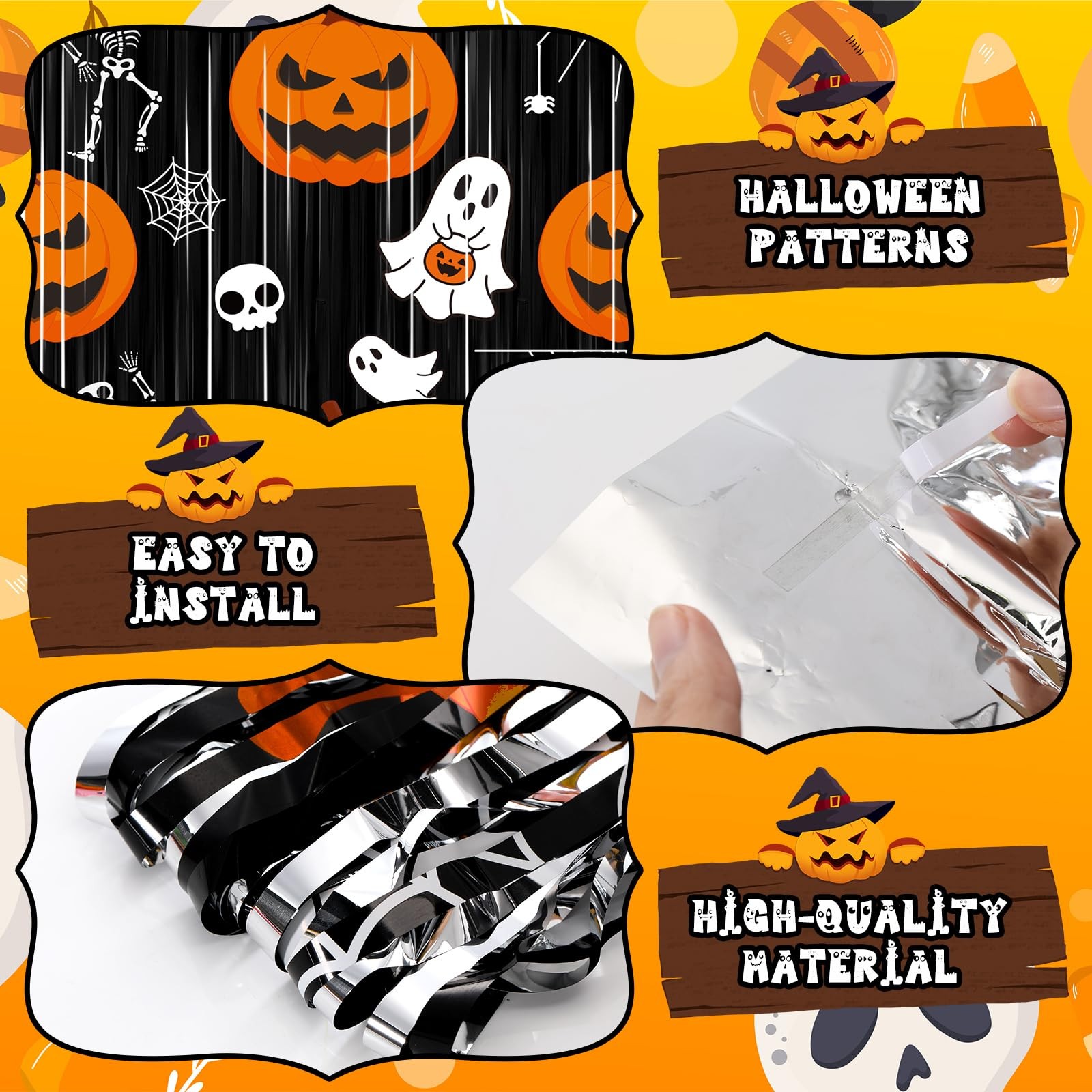 2 Pack Halloween Foil Fringe Curtains Black Orange Tinsel Photo Backdrop
