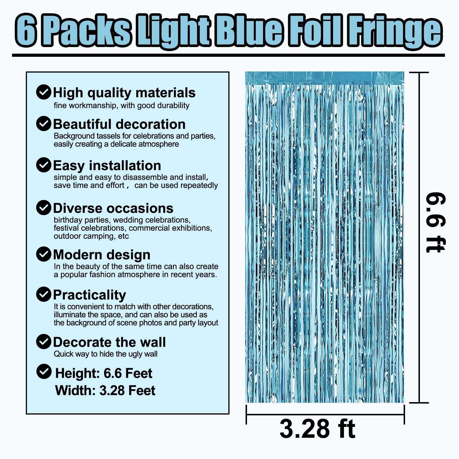 6 Pack Light Blue Foil Fringe Curtains, Tinsel Backdrop, 3.28 x 6.6 Ft