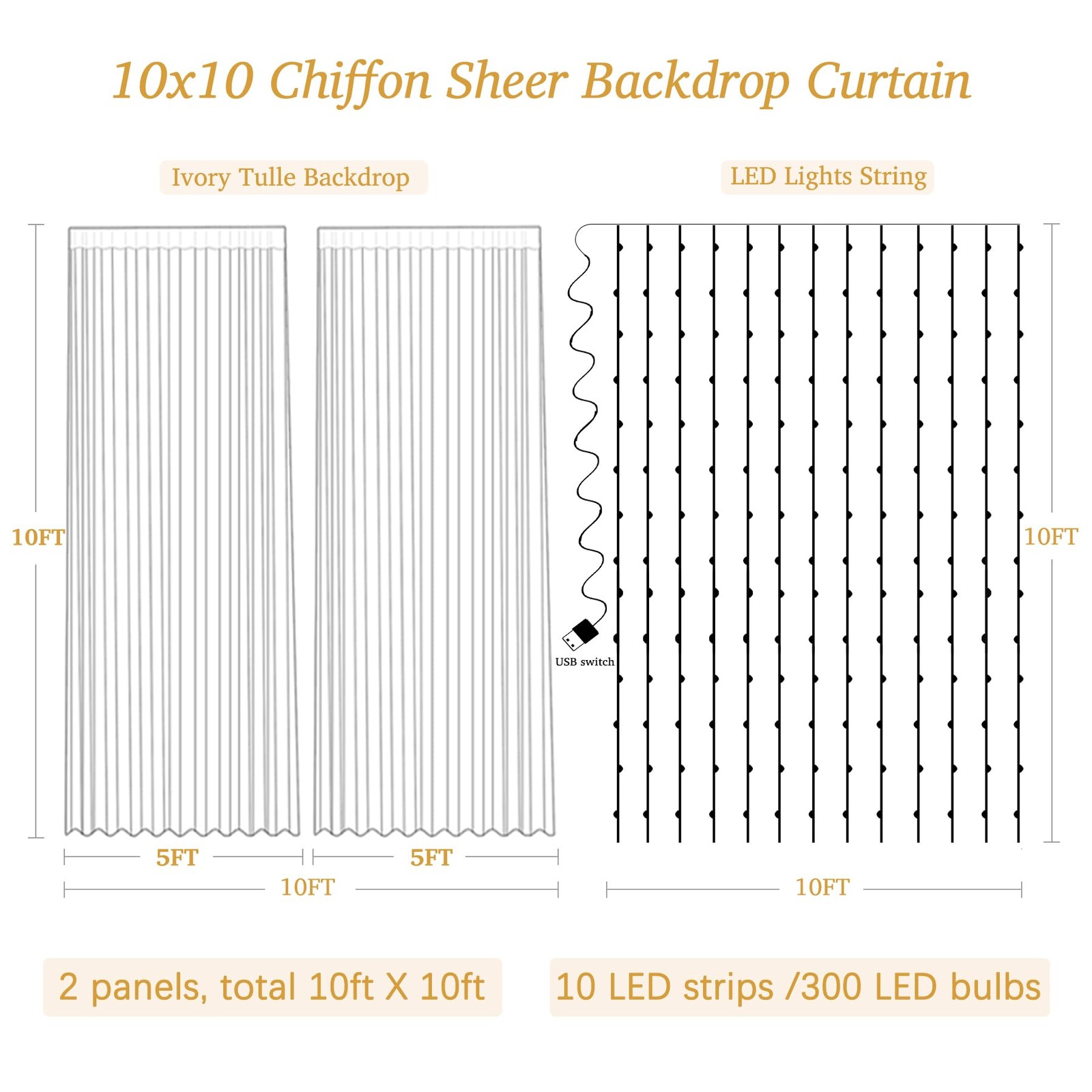 Ivory White Chiffon Backdrop Curtain 10×10 Ft With Lights String Wedding