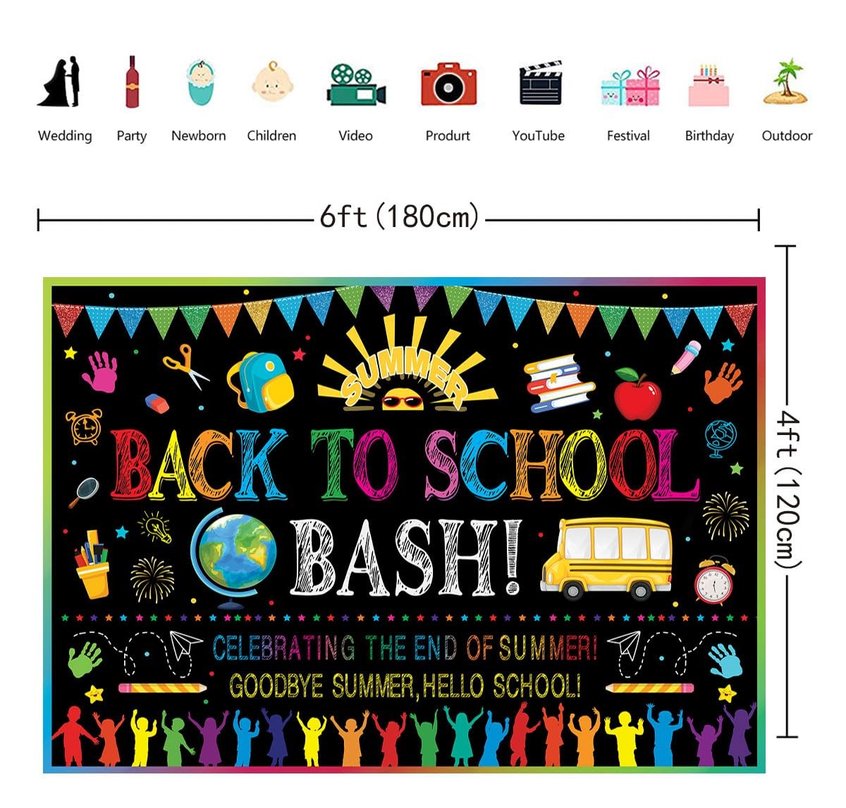 Back to School Bash Backdrop 6x4FT Celebrating The End of Summer Goodbye Summ…