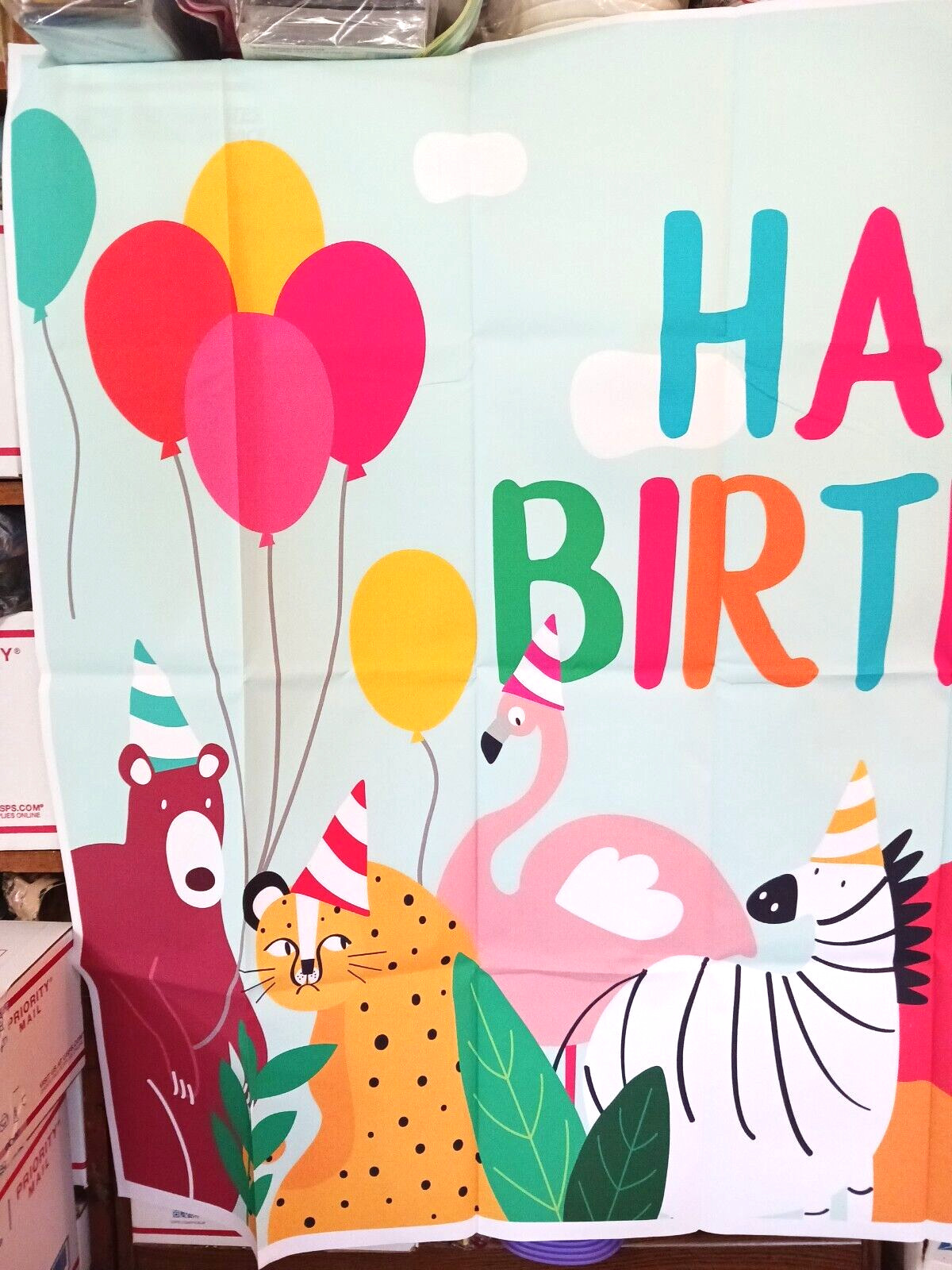 Wild animal happy birthday banner for children. Photo Backdrop Vinyl 39″ x 60″.