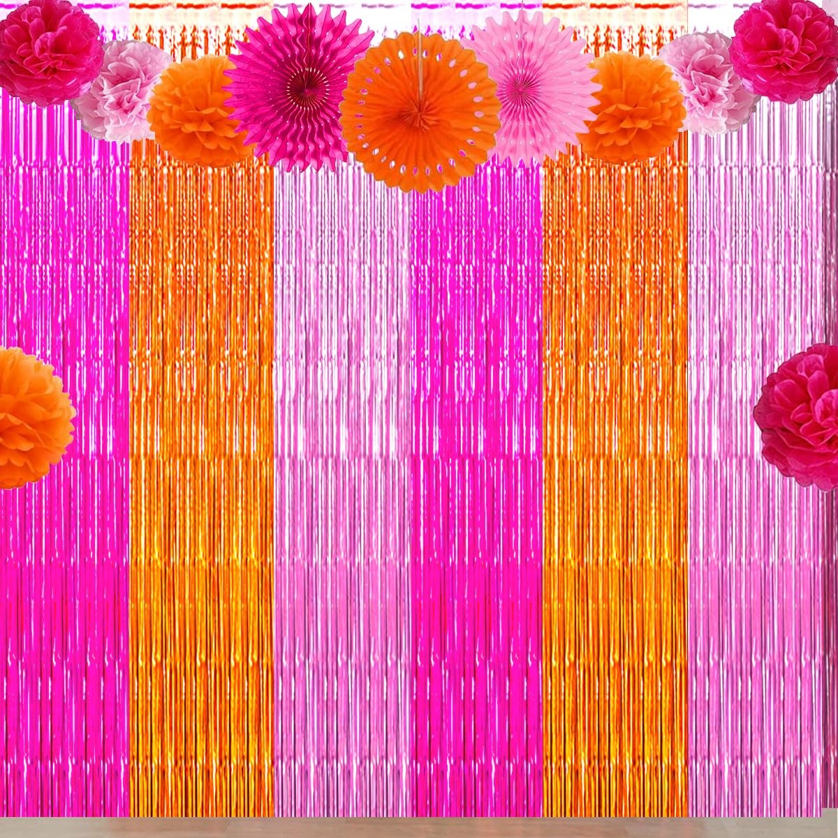 Pink Orange Party Decorations, Rose Red Orange Pink Foil Fringe Backdrop Curt…