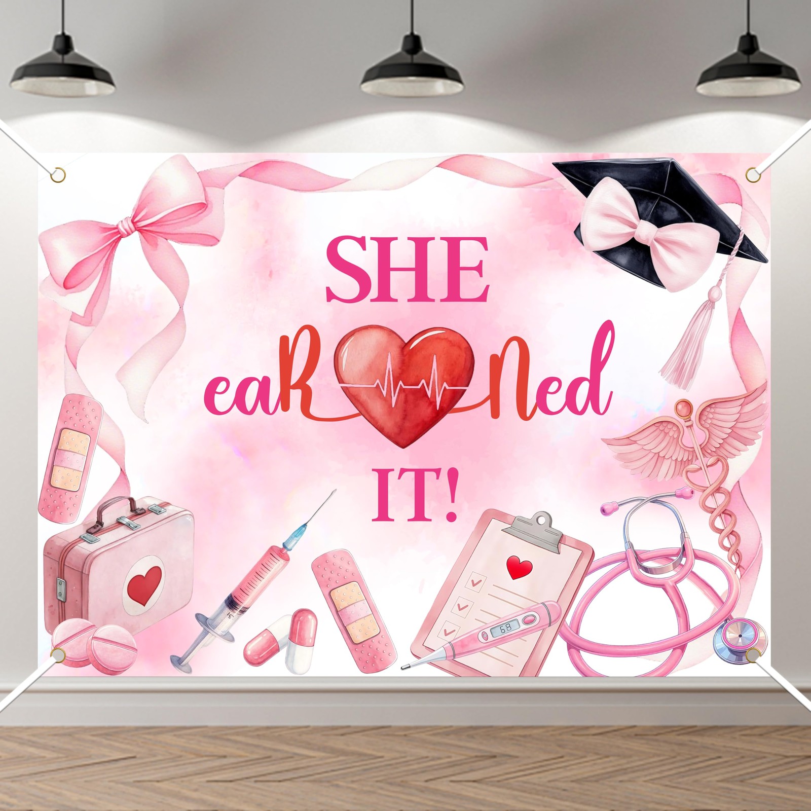 She Earned It Backdrop Class of 2025 Nurse RN Graduation Rose Gold Party Pro