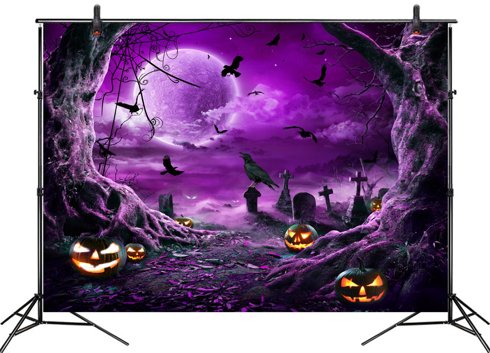 10x8ft Pumpkin Full Moon Crow Purple Halloween Vinyl Backdrop Photo Background