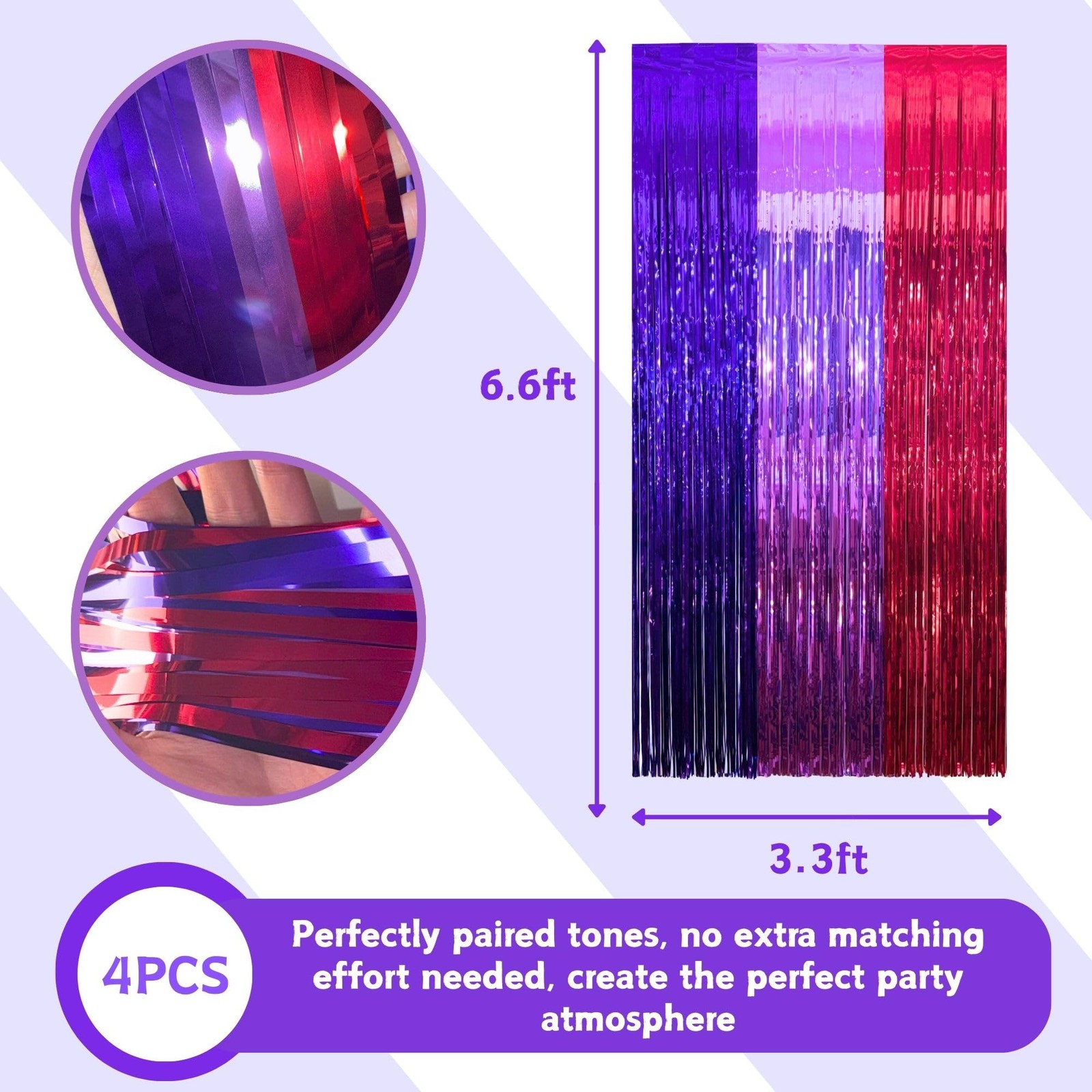 Vagilelf 2 Pack Purple Blue and Red Foil Fringe Curtains for Pink