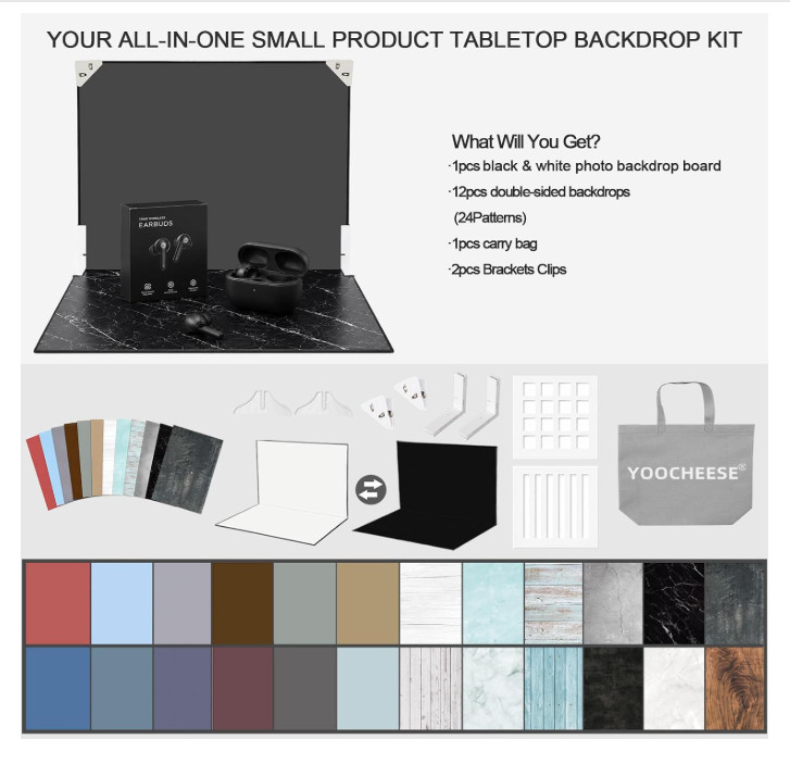 Product Photography Backdrop Kit – 11.7 x 16.5 in – 12 Double Sided (24 photo)
