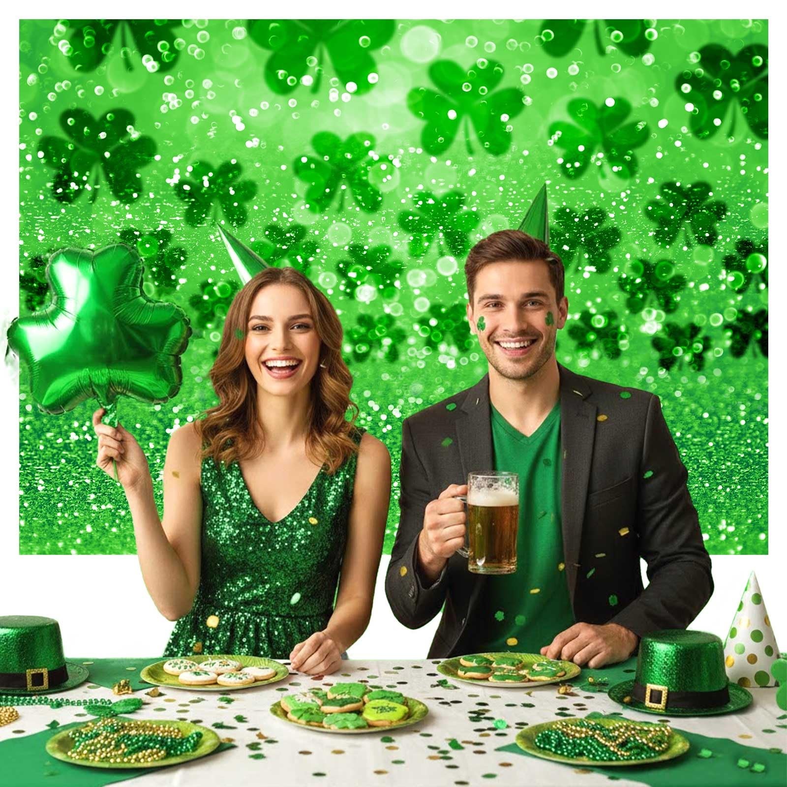 Happy St. Patrick’s Day Photography Backdrop Lucky Irish Green Shamrock Bokeh