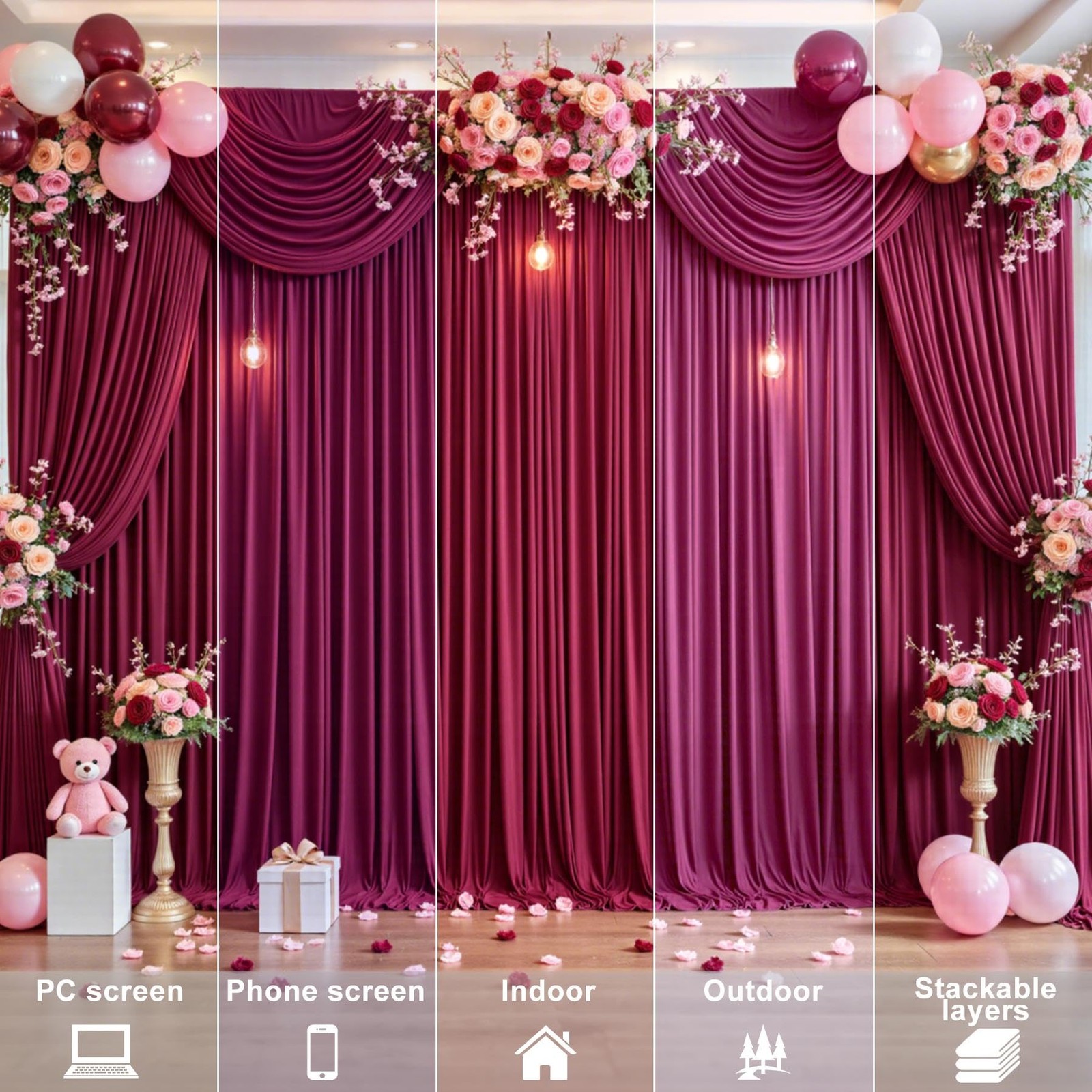 4 PCS Burgundy Backdrop Curtains 20×12 Ft Wedding Party Photo Drapes Maroon