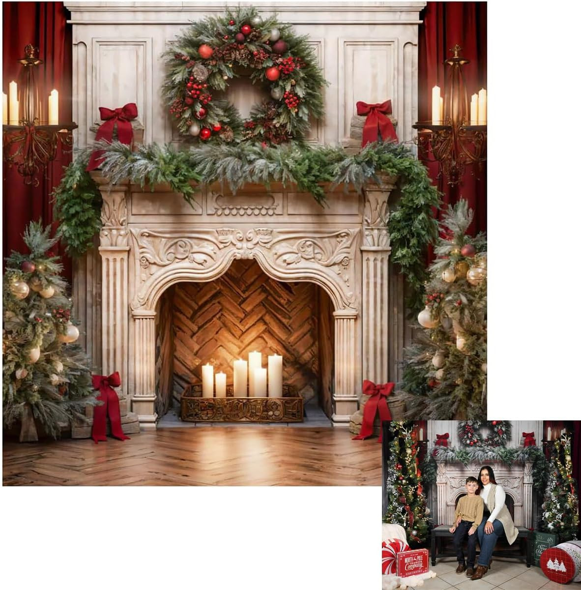 8X8Ft Classic Christmas Fireplace Backdrops for Photography Vintage Mantel Garla