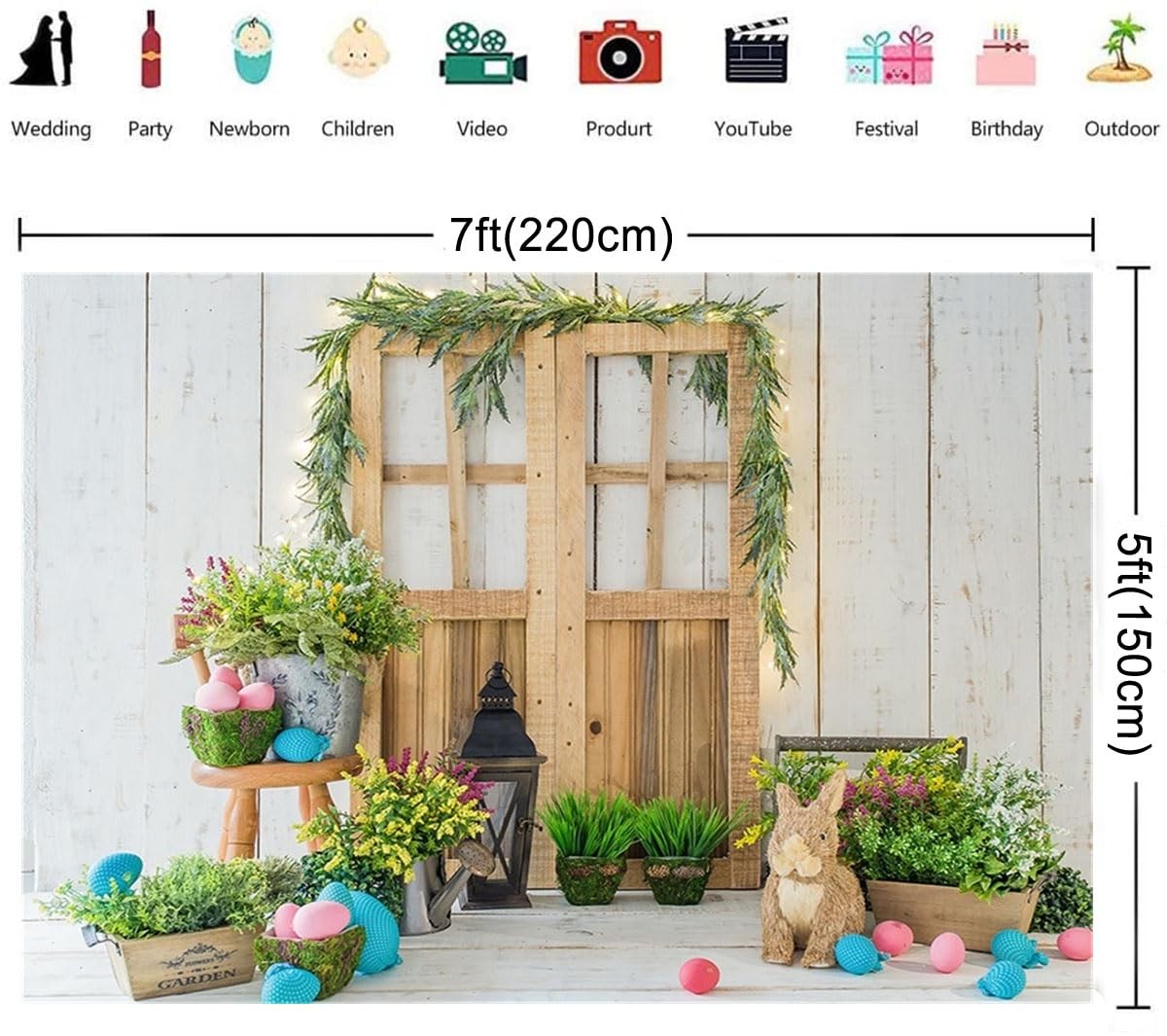 Spring Easter Photography Backdrop Wood Barn Eggs Flowers Background 7×5 Ft