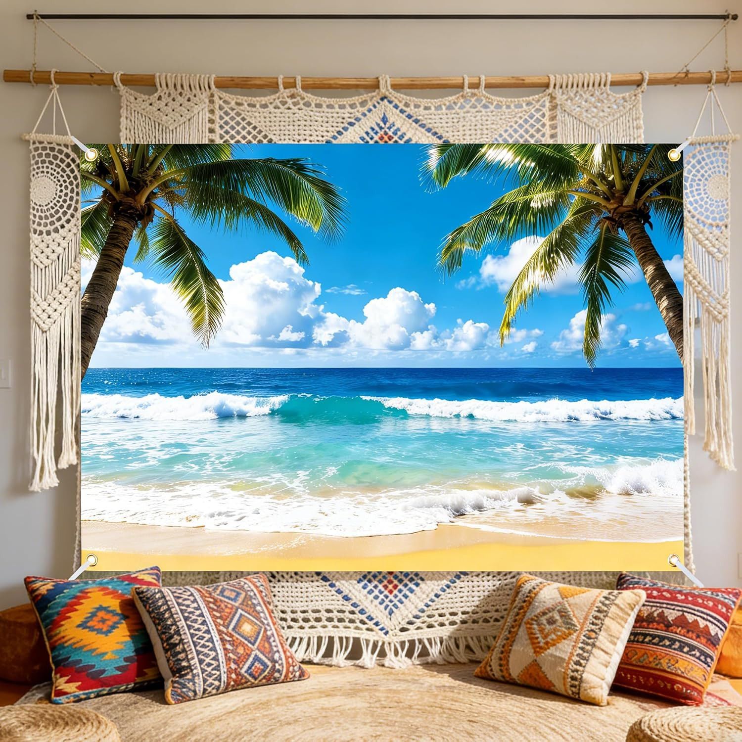 Summer Beach Backdrop Tropical Hawaiian Ocean Background 7X5Ft with Ribbon, Palm