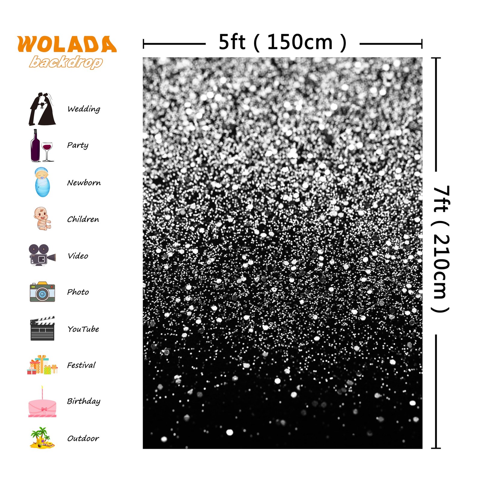 Black Silver Glitter Photo Backdrop 5x7FT Wedding Birthday Party Props FW18