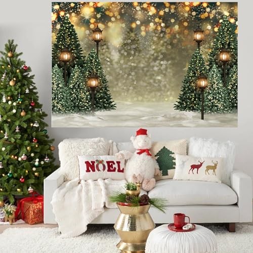 Winter Christmas Tree Backdrop Glitter Bokeh Winter Snow Forest Trees 7x5ft