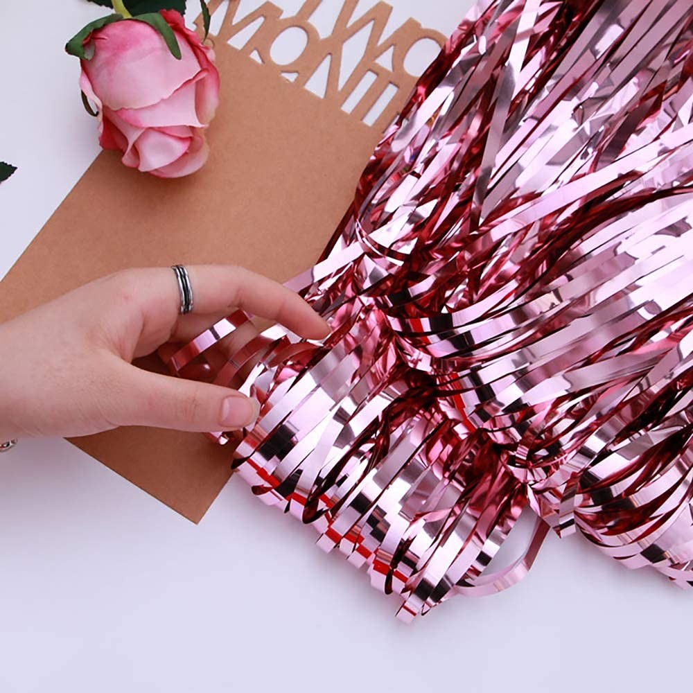 2 PCS 6.5×8.2ft Pink Foil Fringe Tinsel Curtains for Birthday Party Backdrop