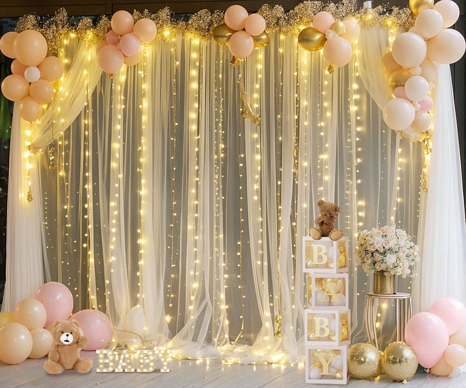 Champagne Tulle Backdrop Curtain with Lights String for Parites Wedding 5x8ft…