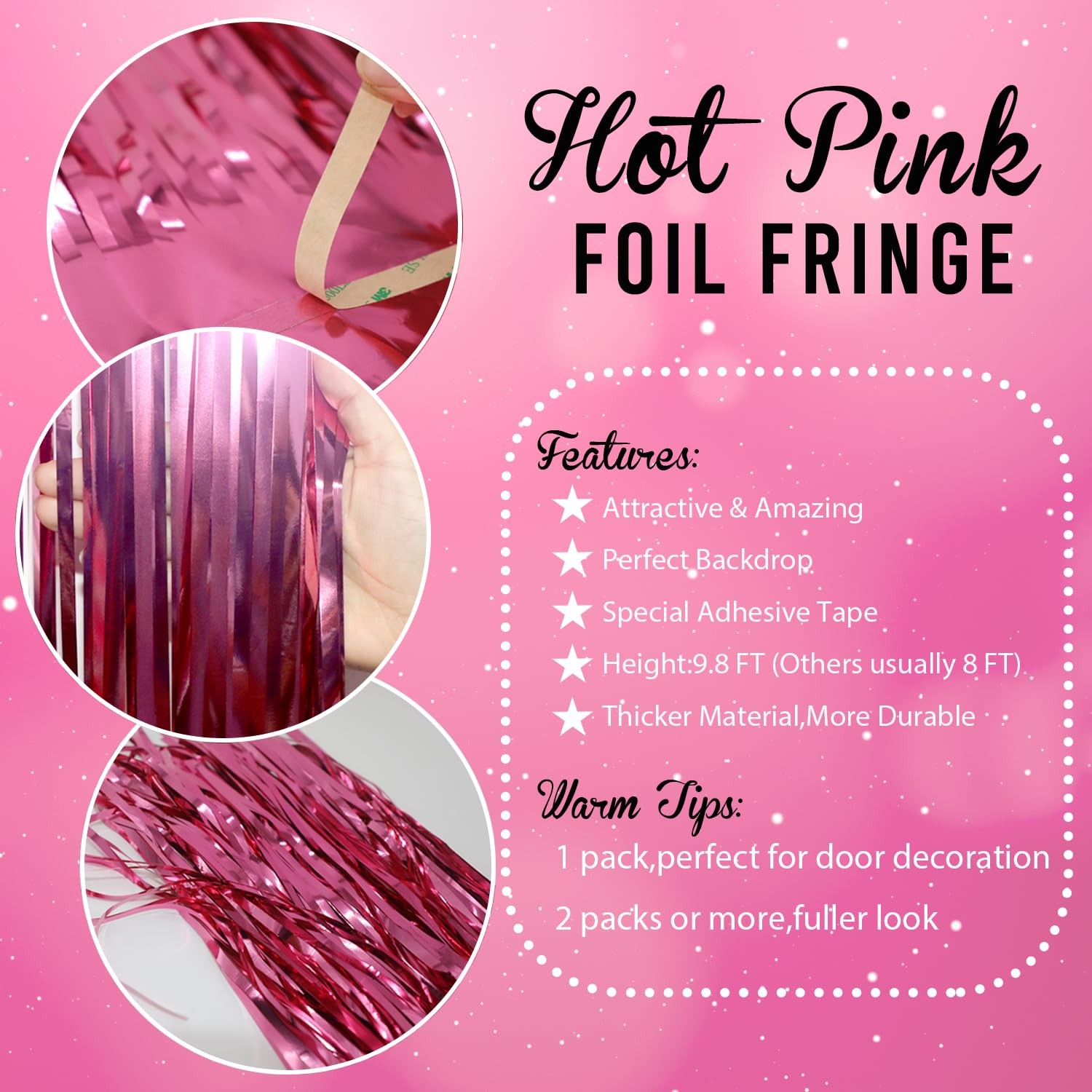 Hot Pink Tinsel Foil Fringe Curtains 2 PCS Streamer Backdrop 6.4×8.2 FT Decor