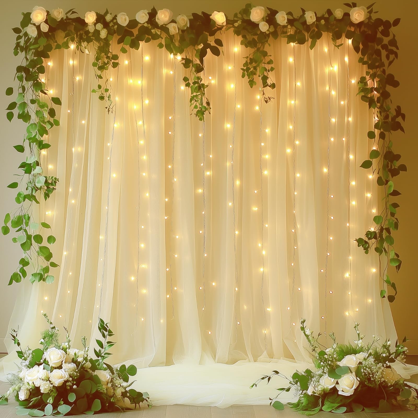 Ivory Tulle Backdrop Fairy Lights WrinkleFree Sheer Curtain Drapes 10×8 FT