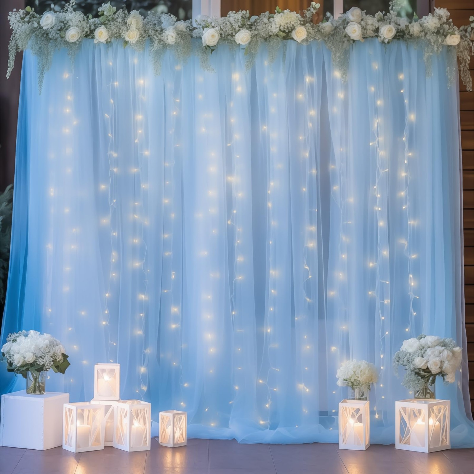 10×10ft Blue Tulle Backdrop Curtain with Lights String for Parties, Sheer Pho…