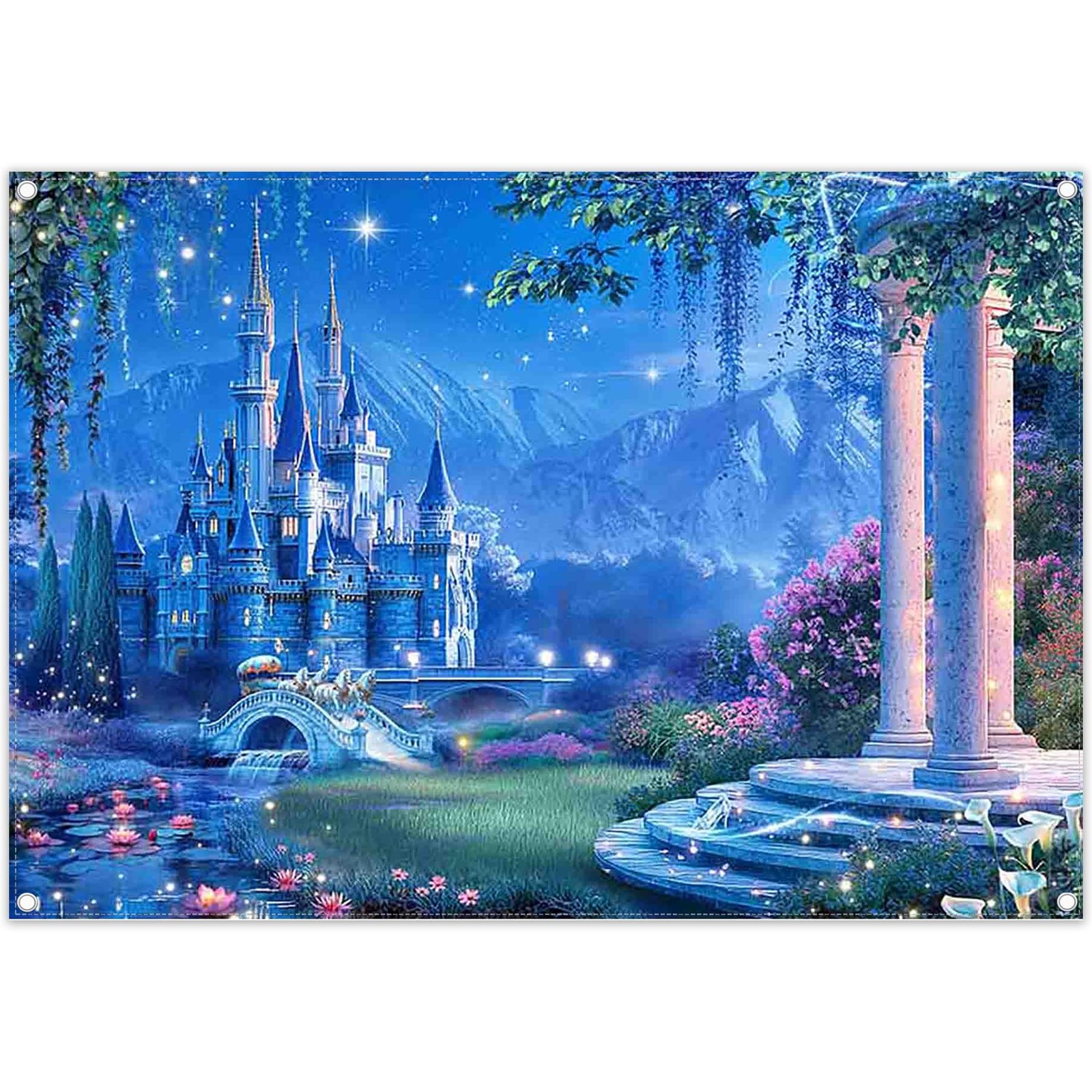 7x5ft Fairytale Castle Backdrop Blue Princess Shining Night Sky Photography