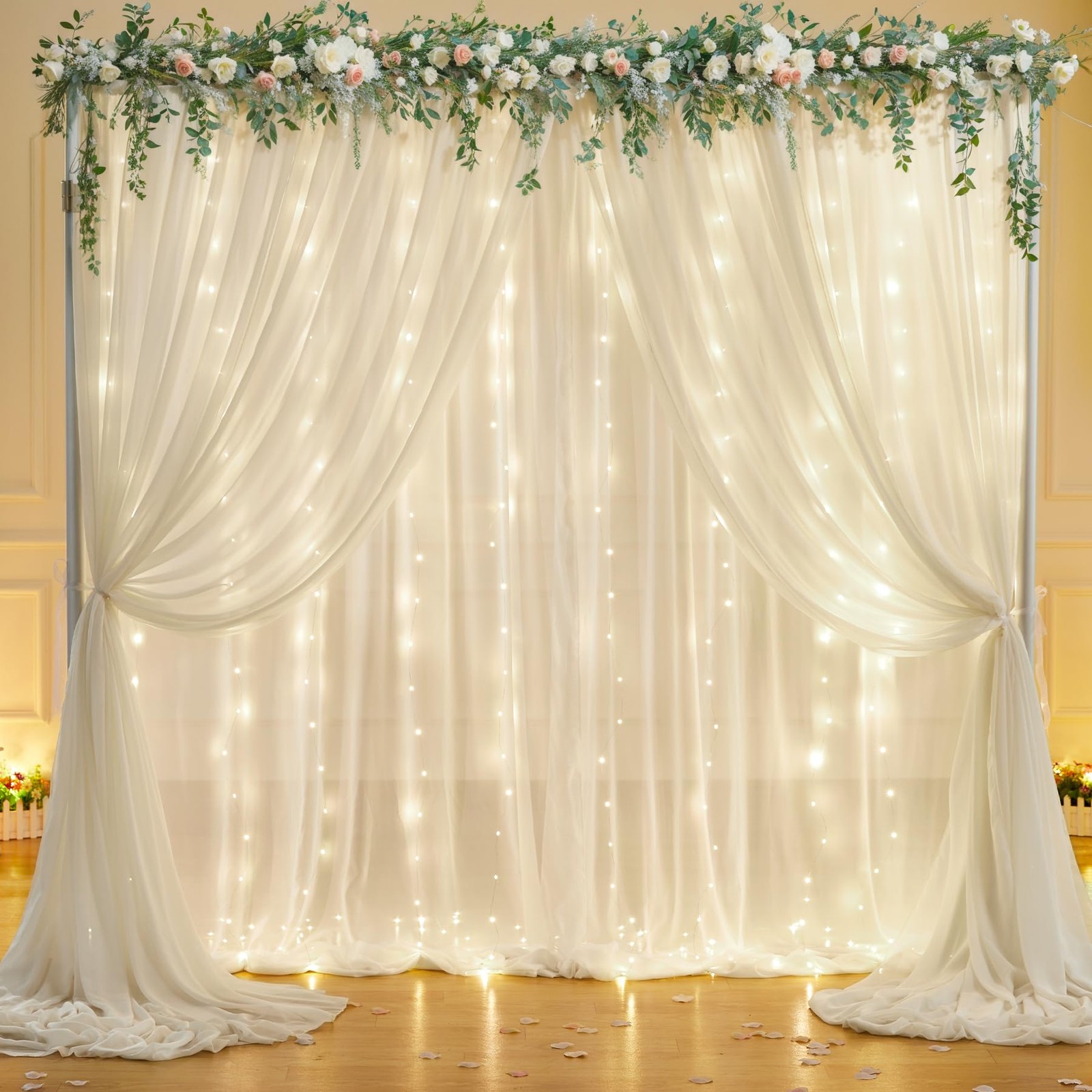 10x7FT Ivory Chiffon Wrinkle Free Backdrop Curtain String Lights Wedding Photo
