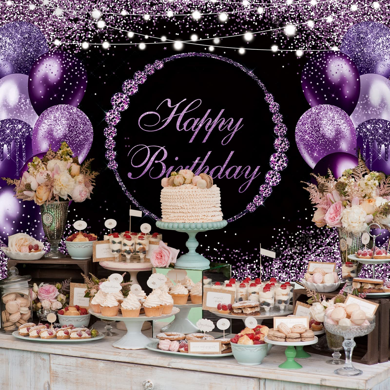7x5Ft Purple Black Silver Happy Birthday Party Backdrop Photography Background