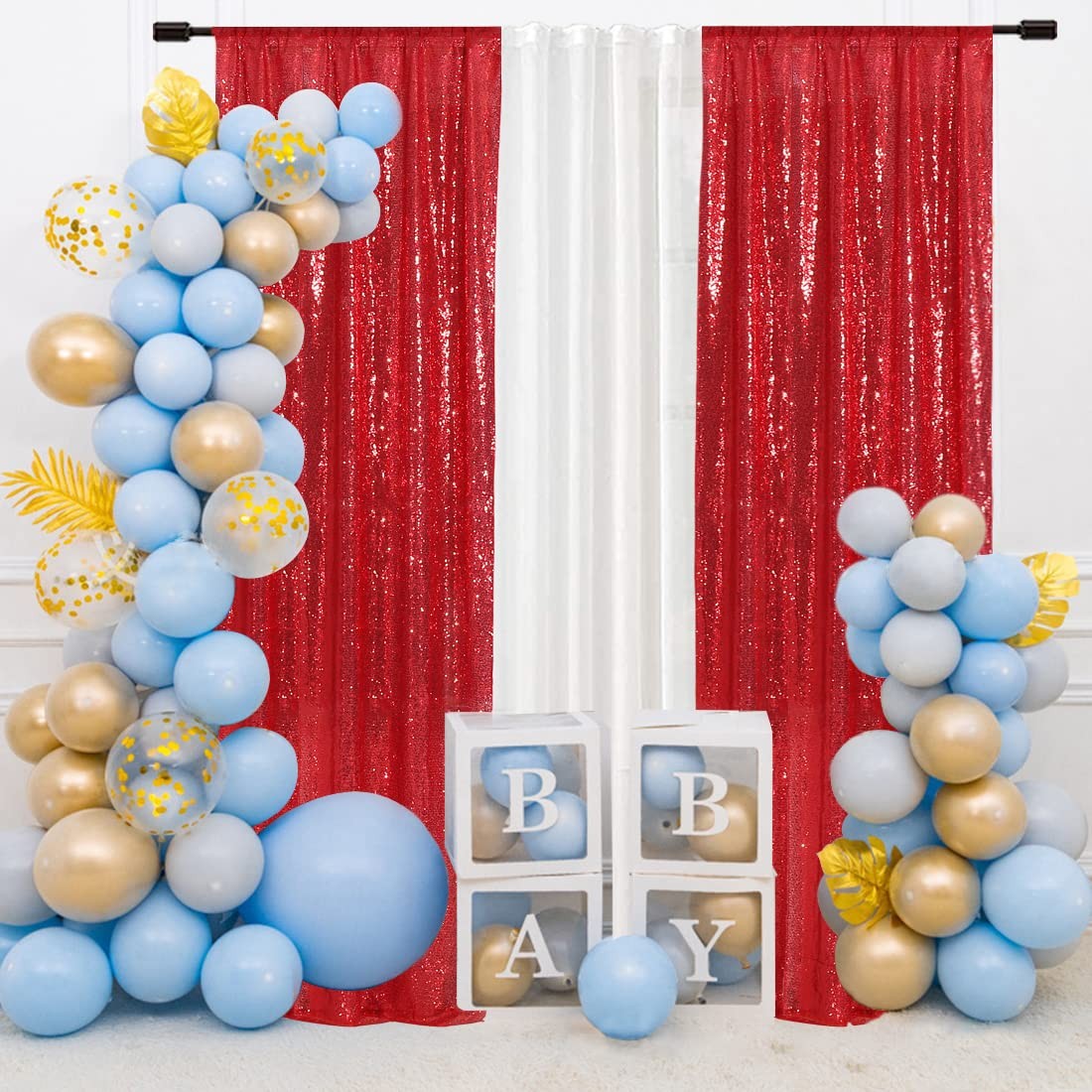 Sequin Curtain Backdrop 2FT x 8FT Red 2 PCS Background for Wedding Party Set