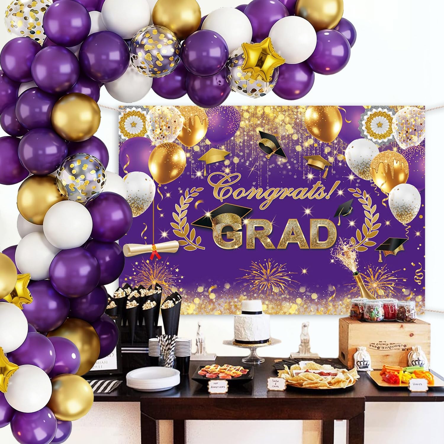 7x5ft Congrats Grad Backdrop Purple Gold Glitter Graduation Photography Backgrou