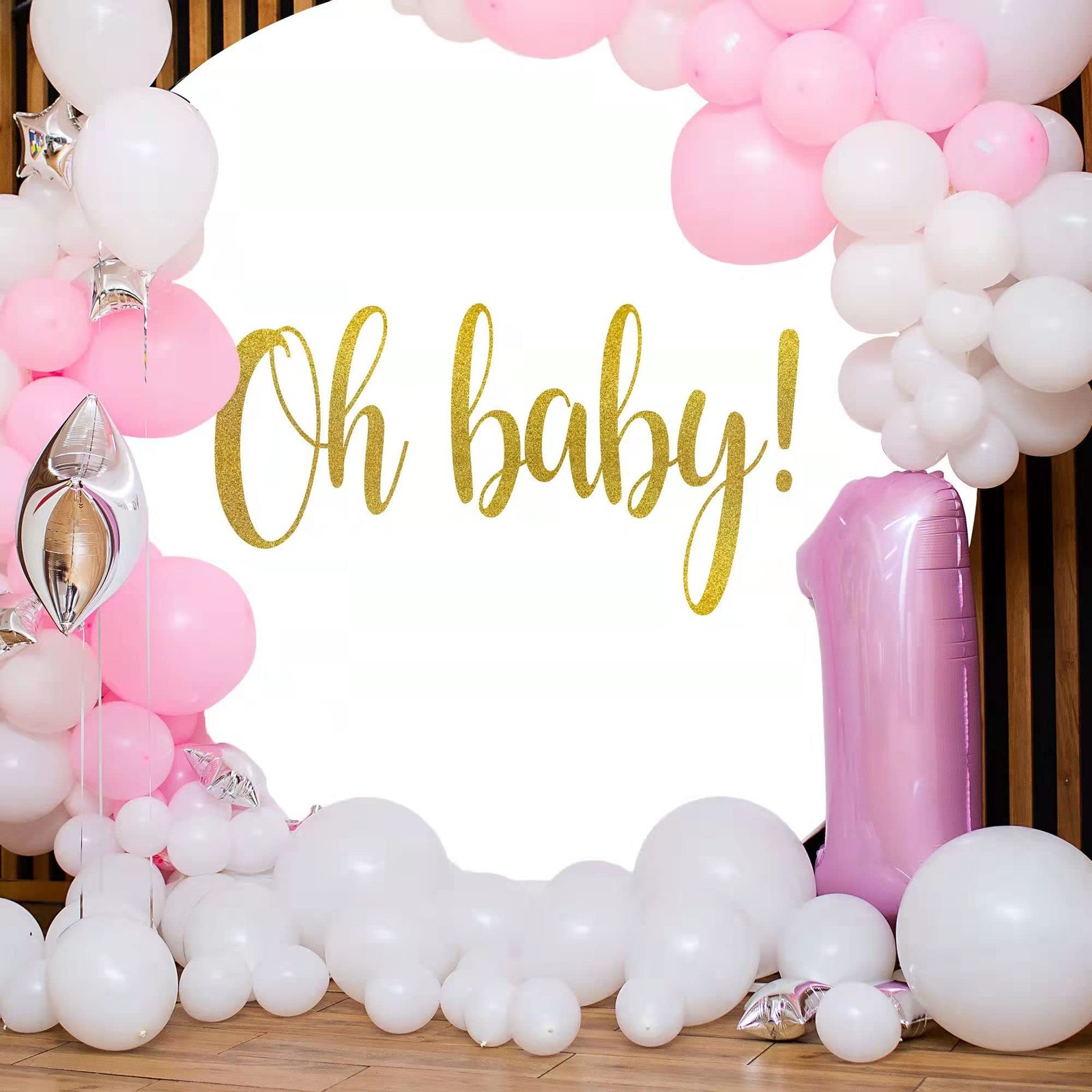 Round Backdrop Cover Oh Baby 7.2ftWhite Round Backdrop Cover Gold Oh Baby Sig