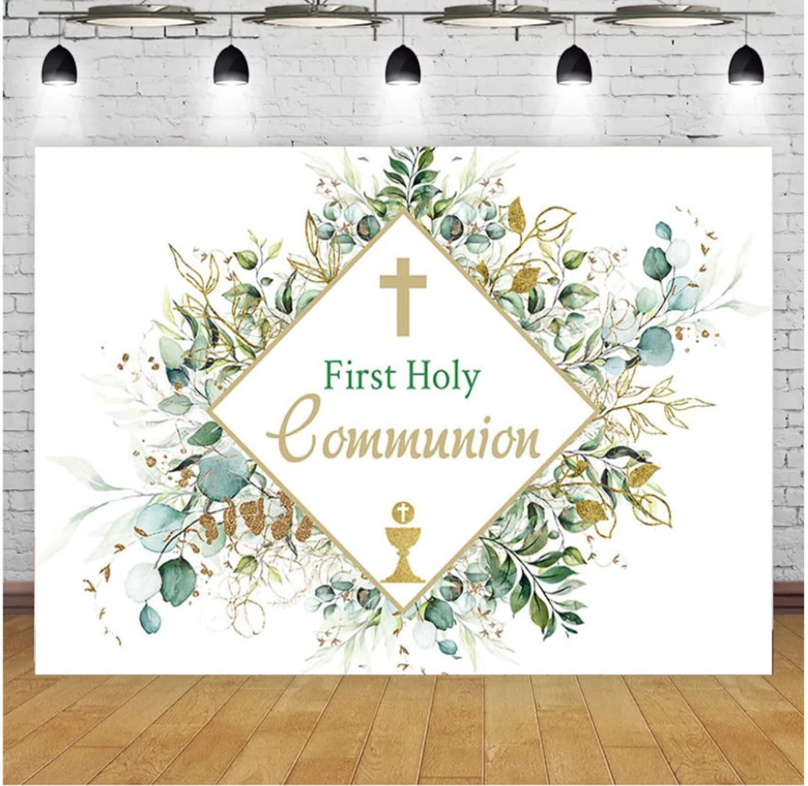 First Communion Green Leaves Backdrop God Bless Baptism 7’x5′ Vinyl Photography