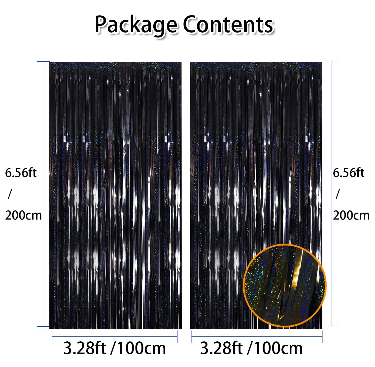Black Laser Tinsel Glitter Foil Fringe Curtain 3.28ft x 6.56ft, Shining