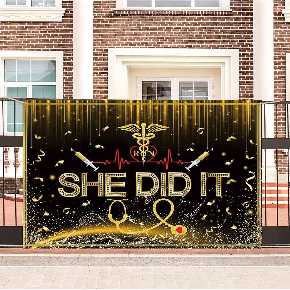 Nurses Graduation Backdrop She Did It Congratulations Graduates Black Gold Glit