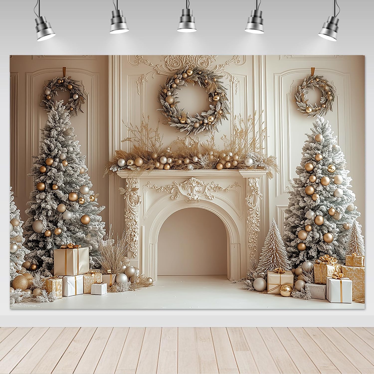 White Gold Christmas Tree Fireplace Holiday Photography Backdrop 7x5ft Mat