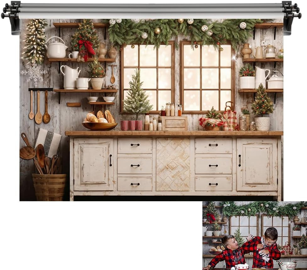 8X8Ft/2.5X2.5M Christmas Backdrop Kitchen Rustic Style Photo Background Photogra