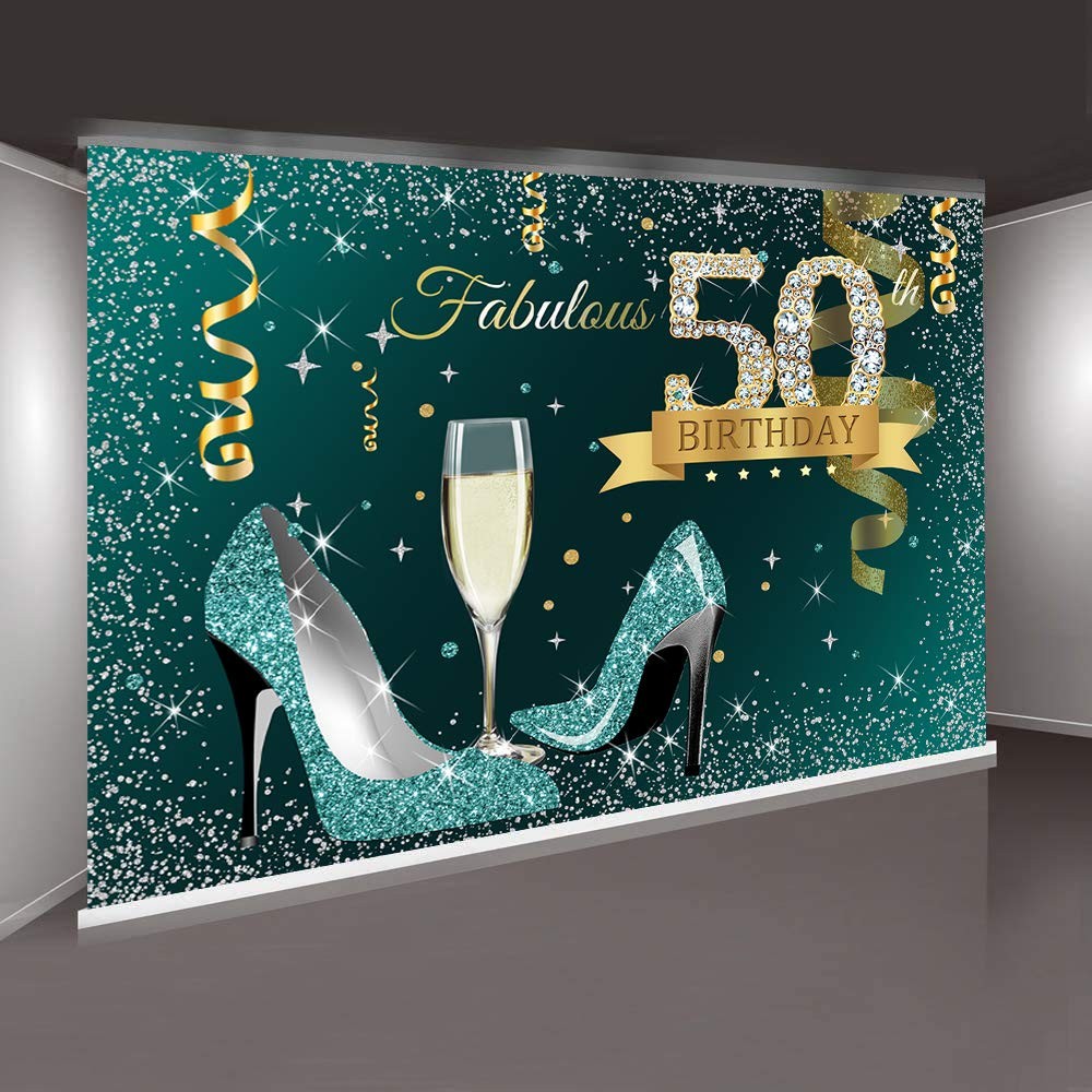 Sensfun Teal Gold Happy 50th Birthday Backdrop Glitter Silver 7x5ft, xq0769