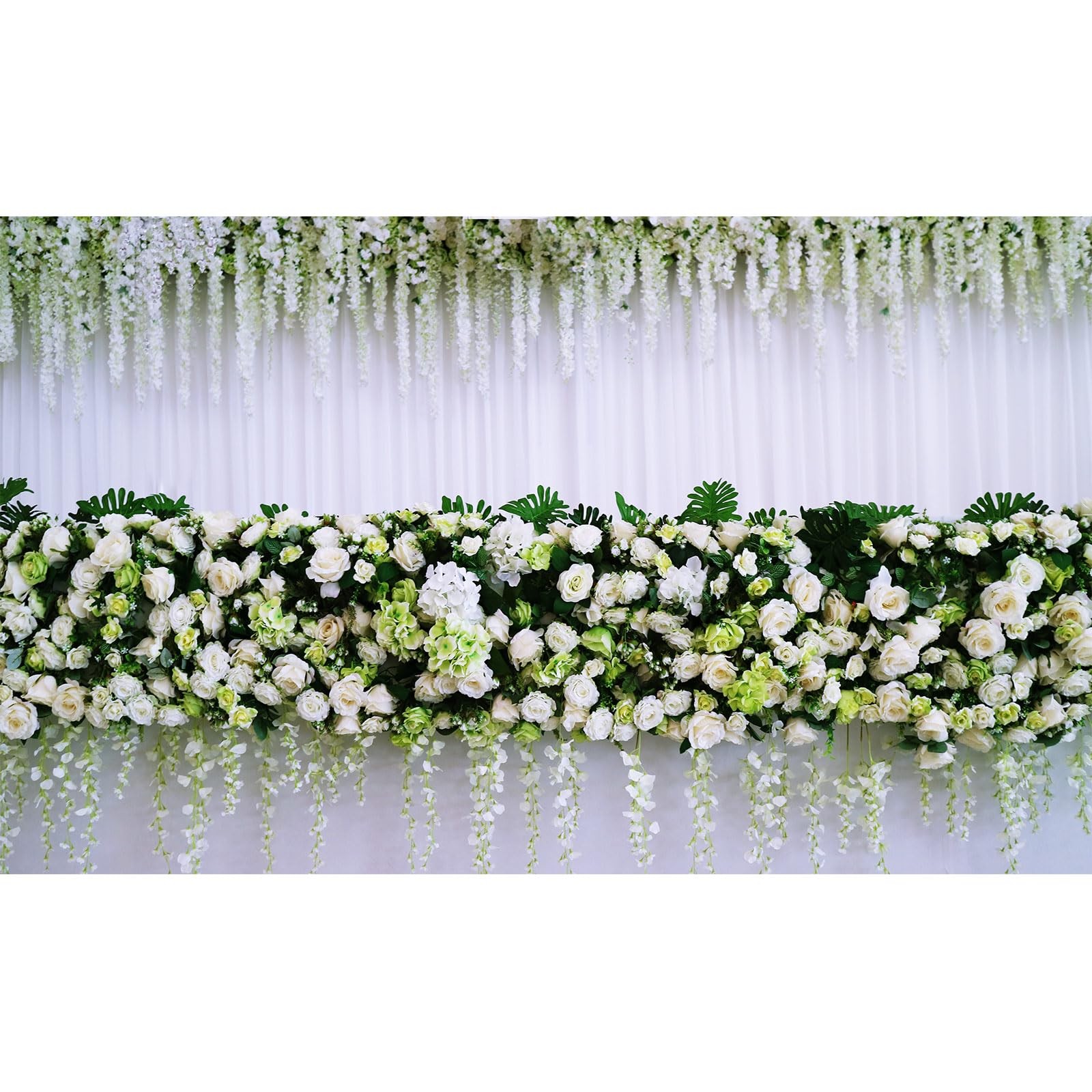 Wedding Party Backdrop Art of White Bouquet Flowers on White Fabric Photograp…