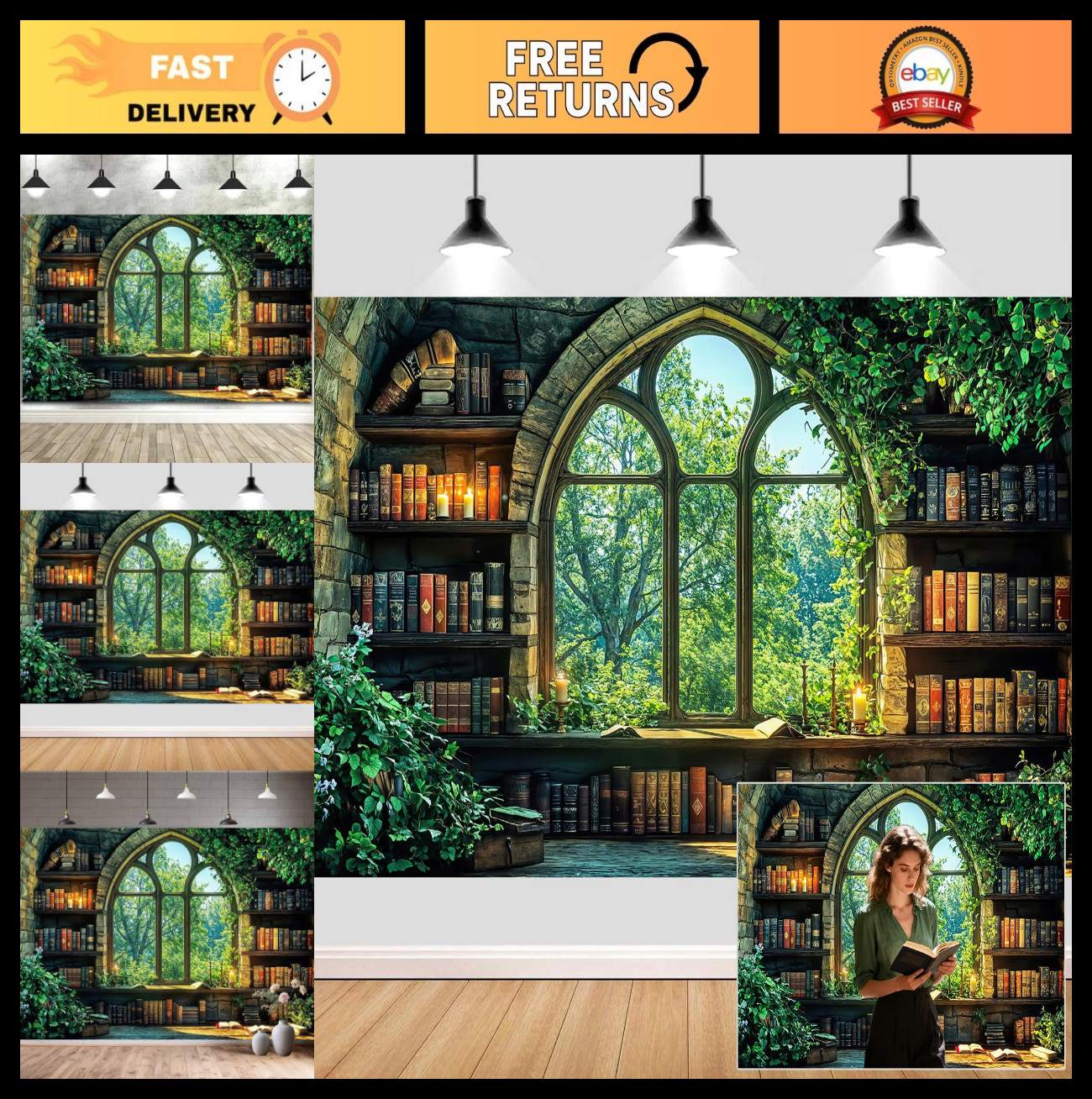 Vintage Forest Bookshelf Backdrop 10x8ft – Retro Green Library Photography Prop