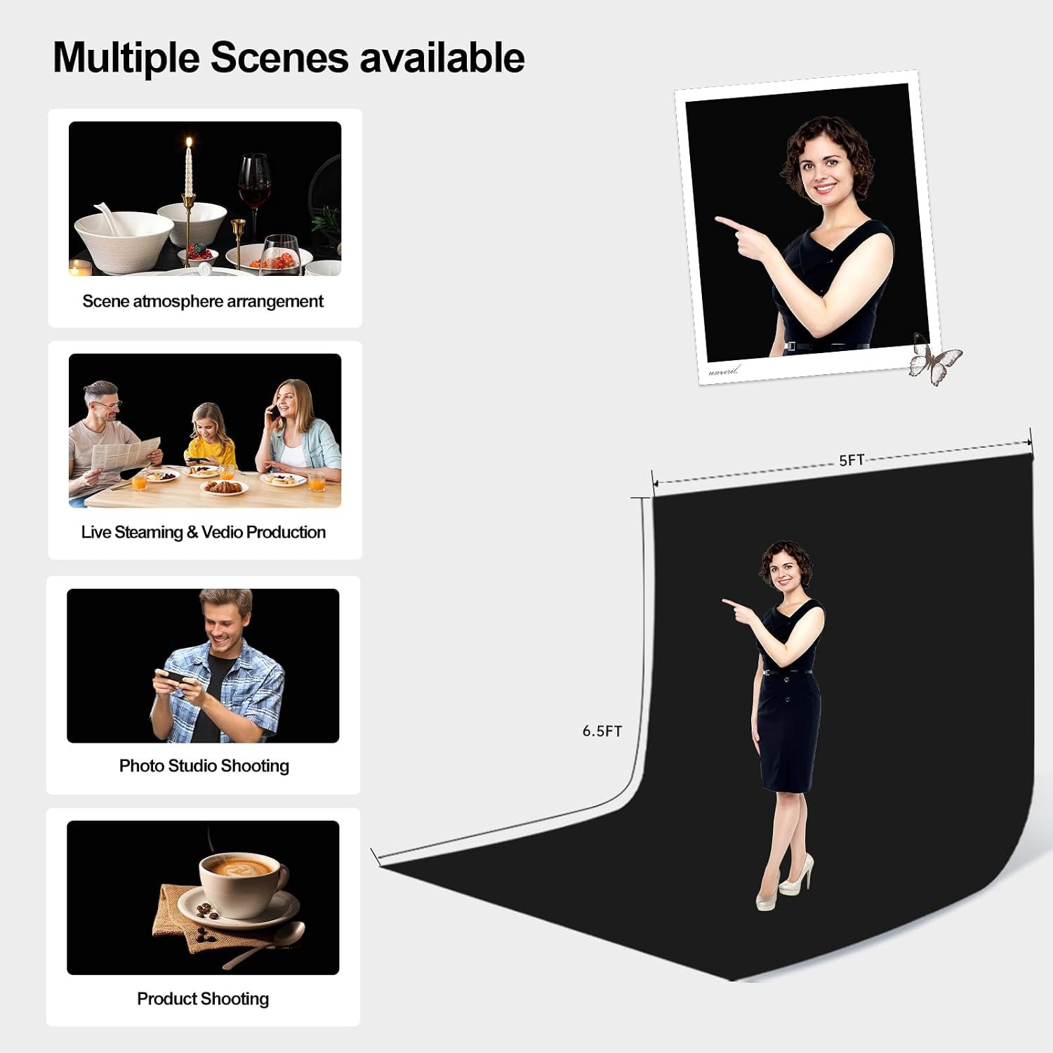 5X6.5 FT Black Velvet Backdrop for Photography, Pure Black Background Screen