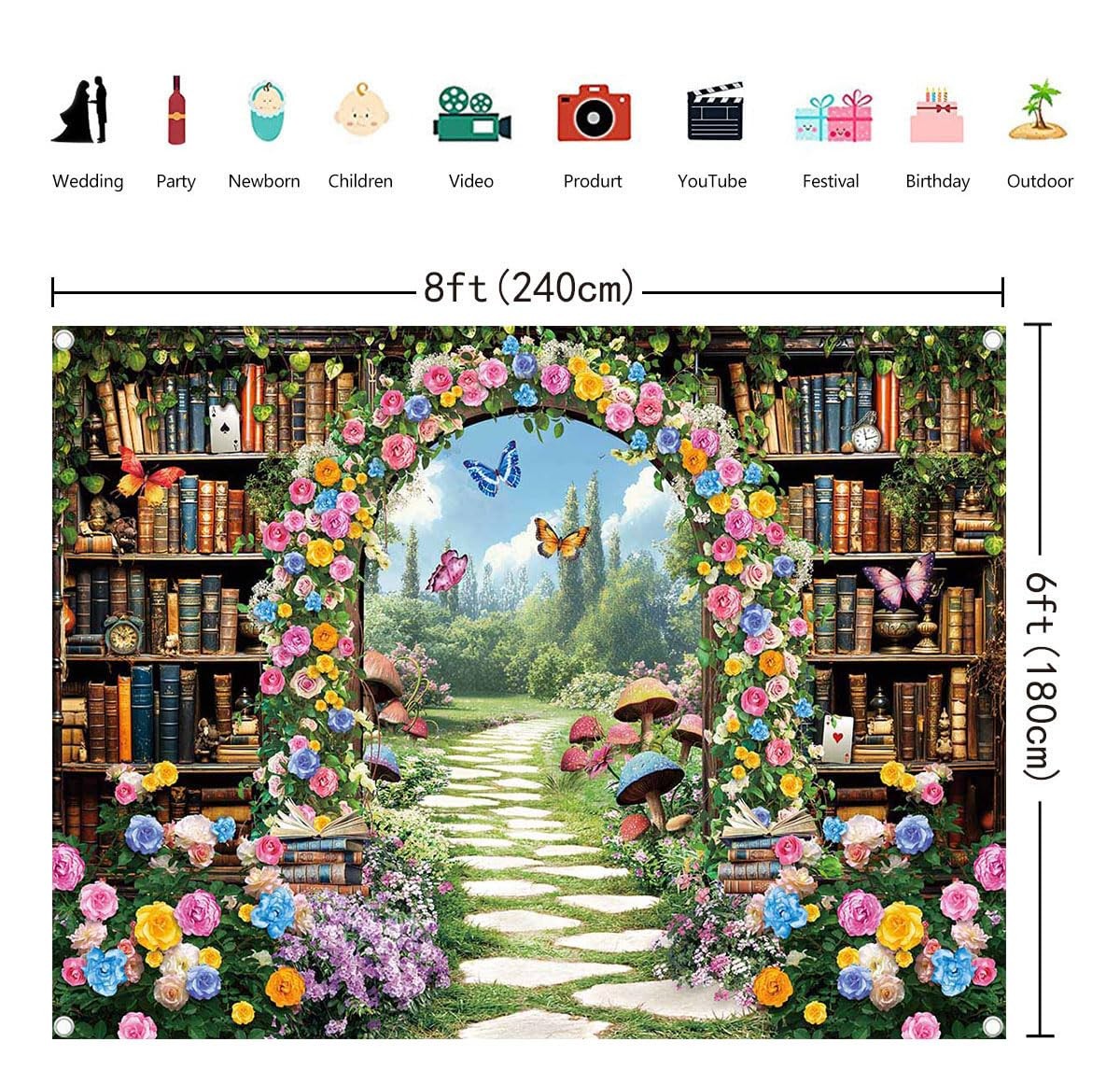 8×6 FT Fairy Garden Library Backdrop Enchanted Forest Bookshelf Decor