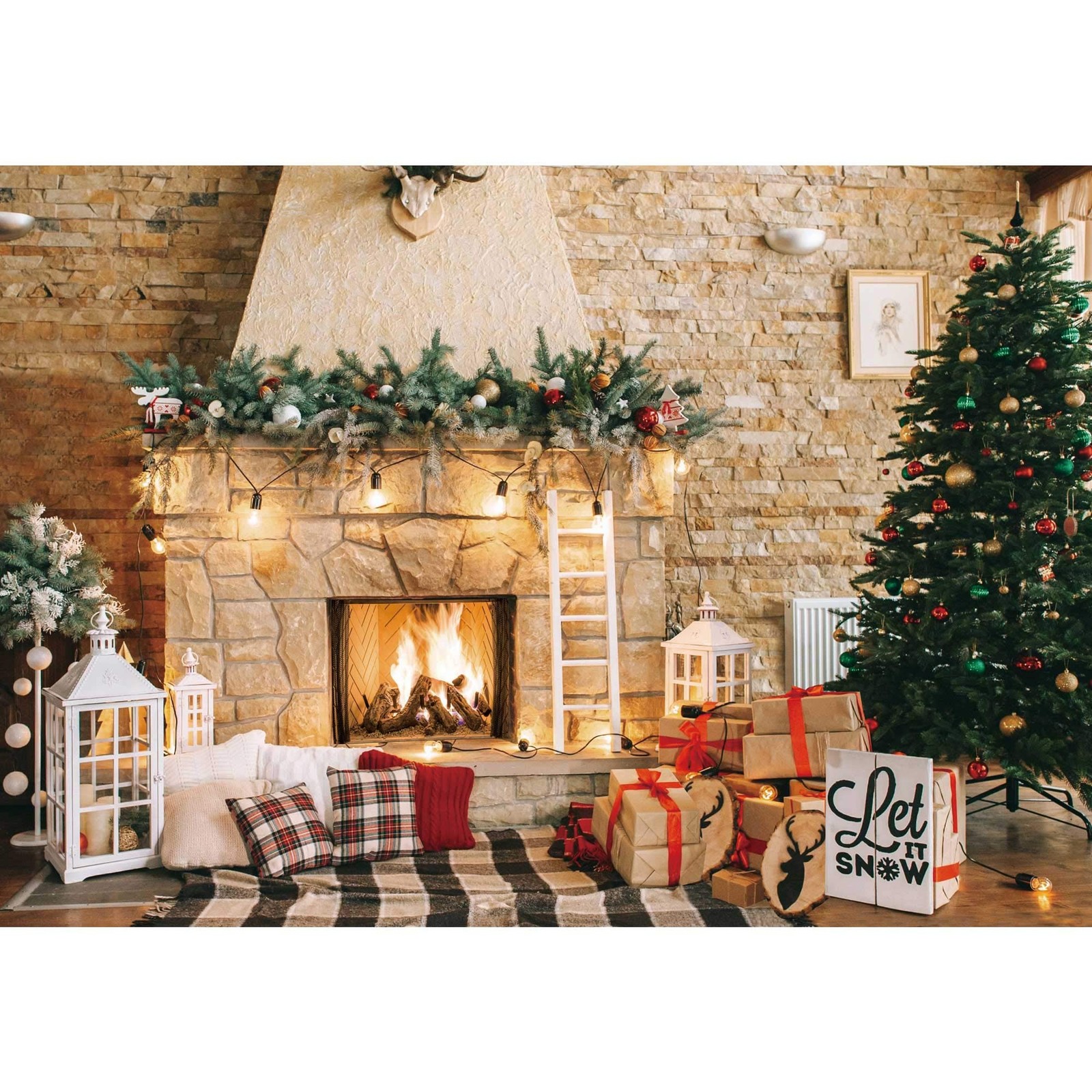 Haboke 7x5ft Christmas Fireplace Theme Backdrop for Photography 7’x5′, white