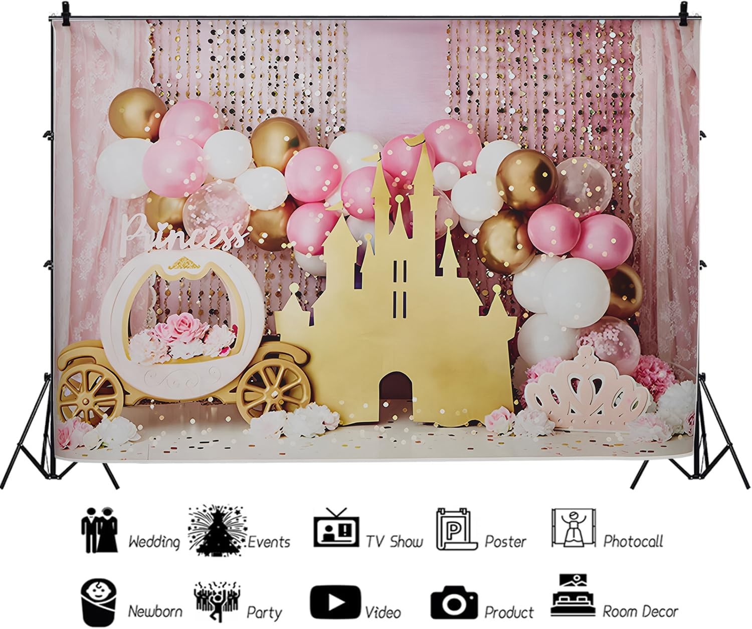 7x5ft Pink Balloons Princess Birthday Backdrop Sweet One Castle Photography B…