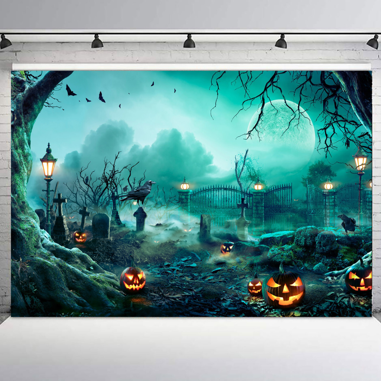 Full Moon Gloomy Spooky Cemetery Crow Halloween Vinyl Backdrop Photo Background